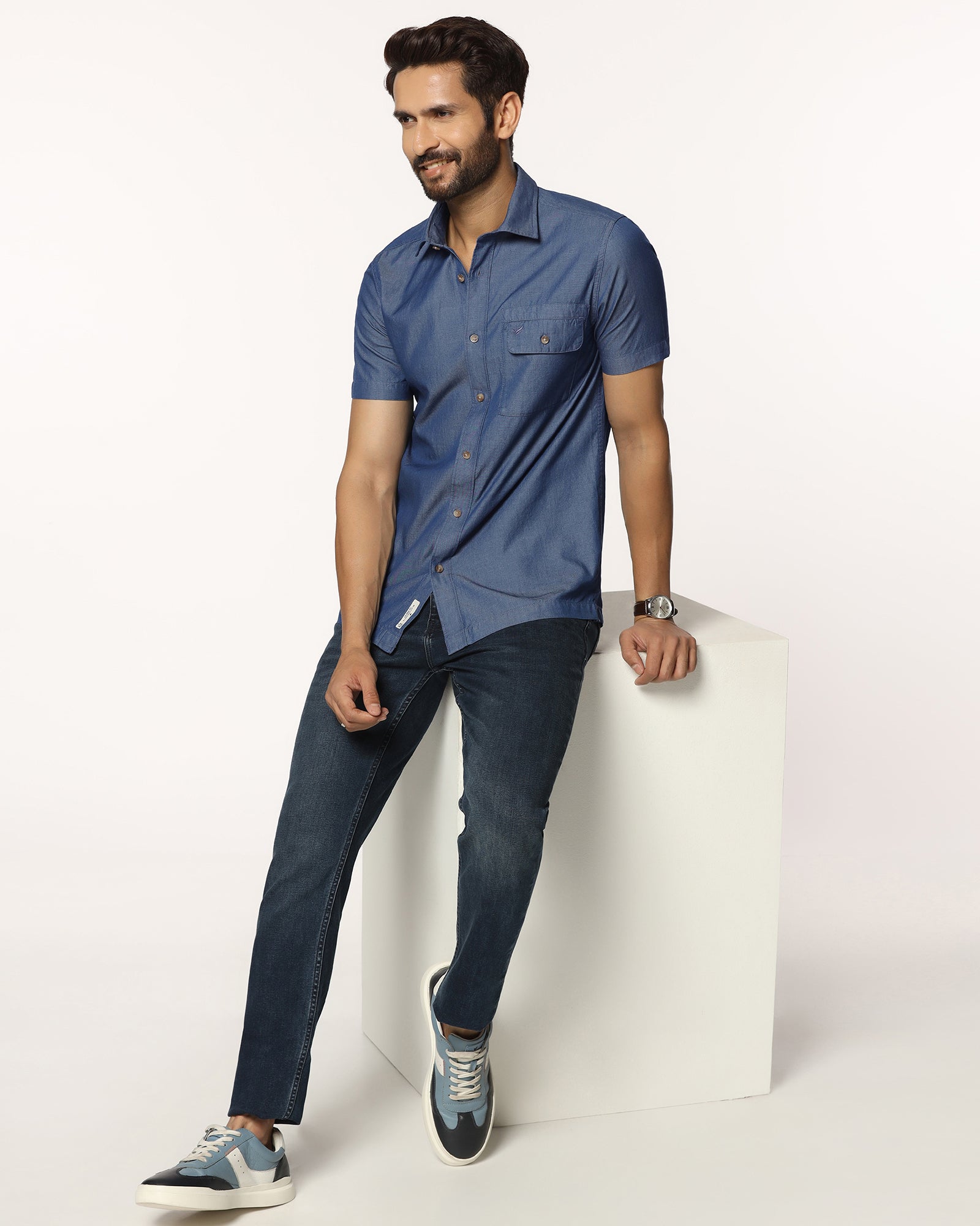 Casual Half Sleeve Indigo Solid Shirt - Mylo