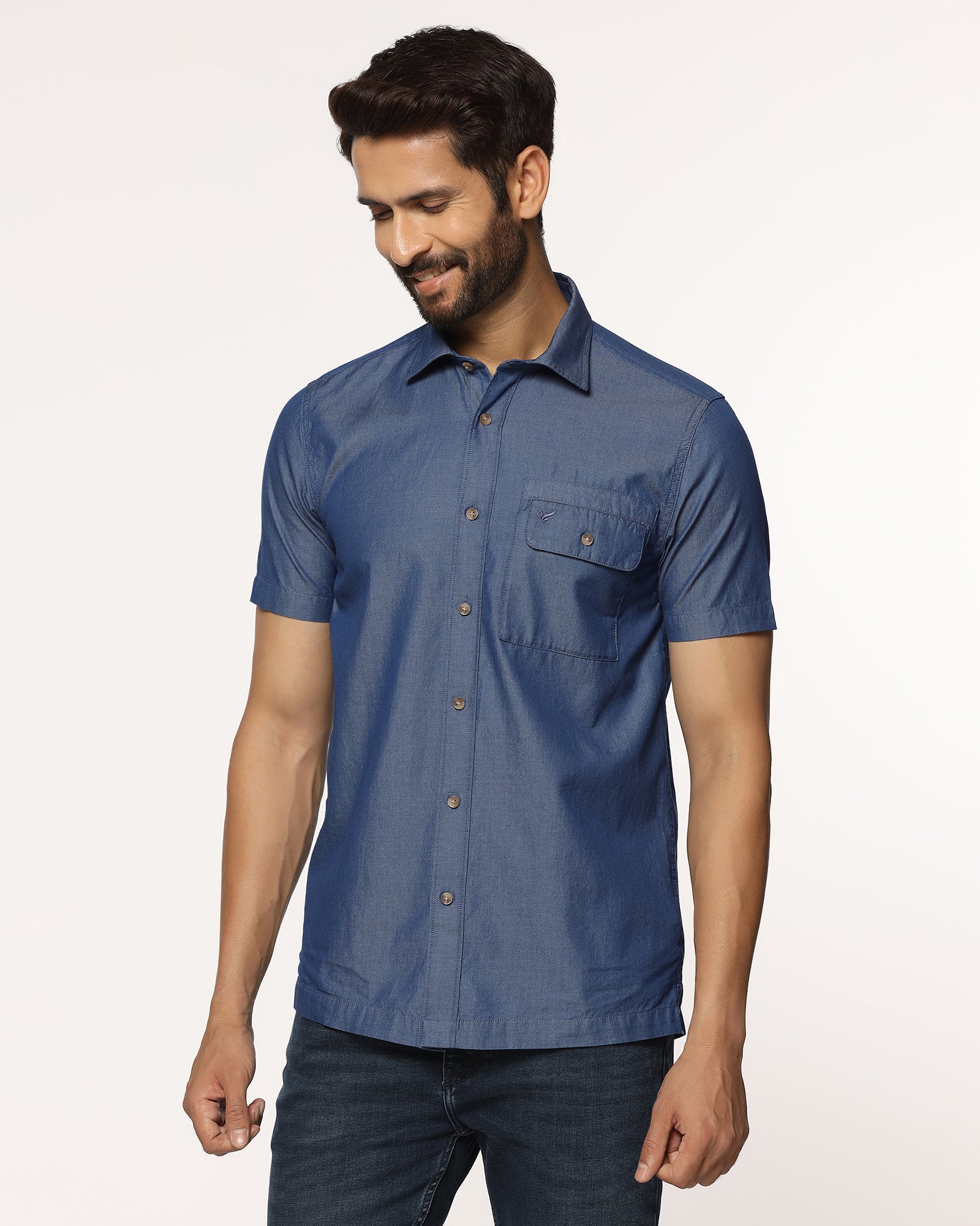Casual Half Sleeve Indigo Solid Shirt - Mylo