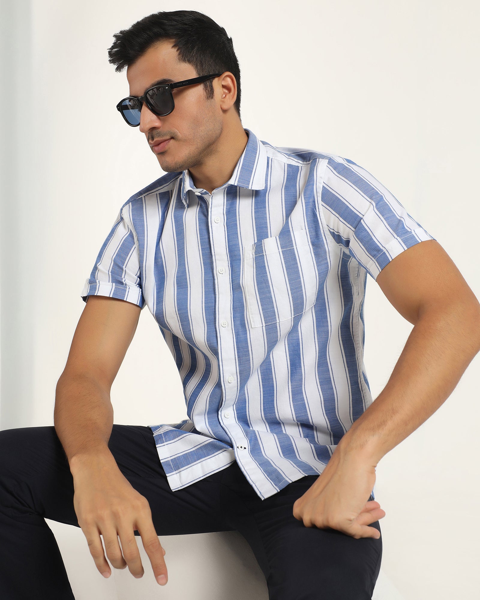 Casual Half Sleeve Navy Stripe Shirt - Delmor