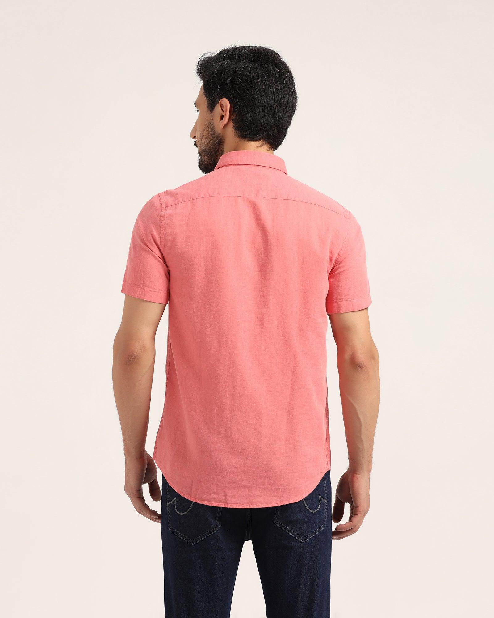Linen Formal Half Sleeve Peach Solid Shirt - Lang - Blackberrys