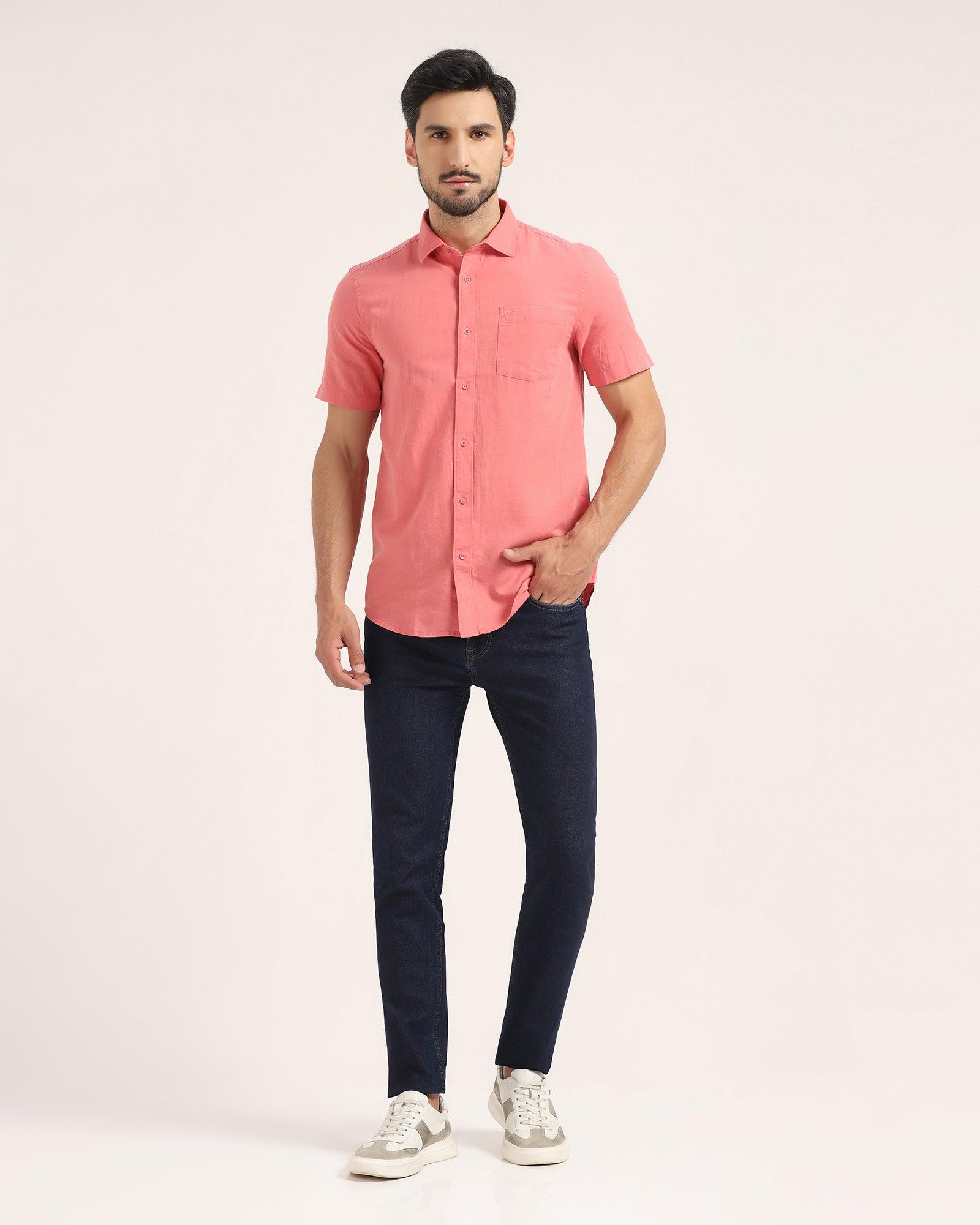 Linen Formal Half Sleeve Peach Solid Shirt - Lang - Blackberrys