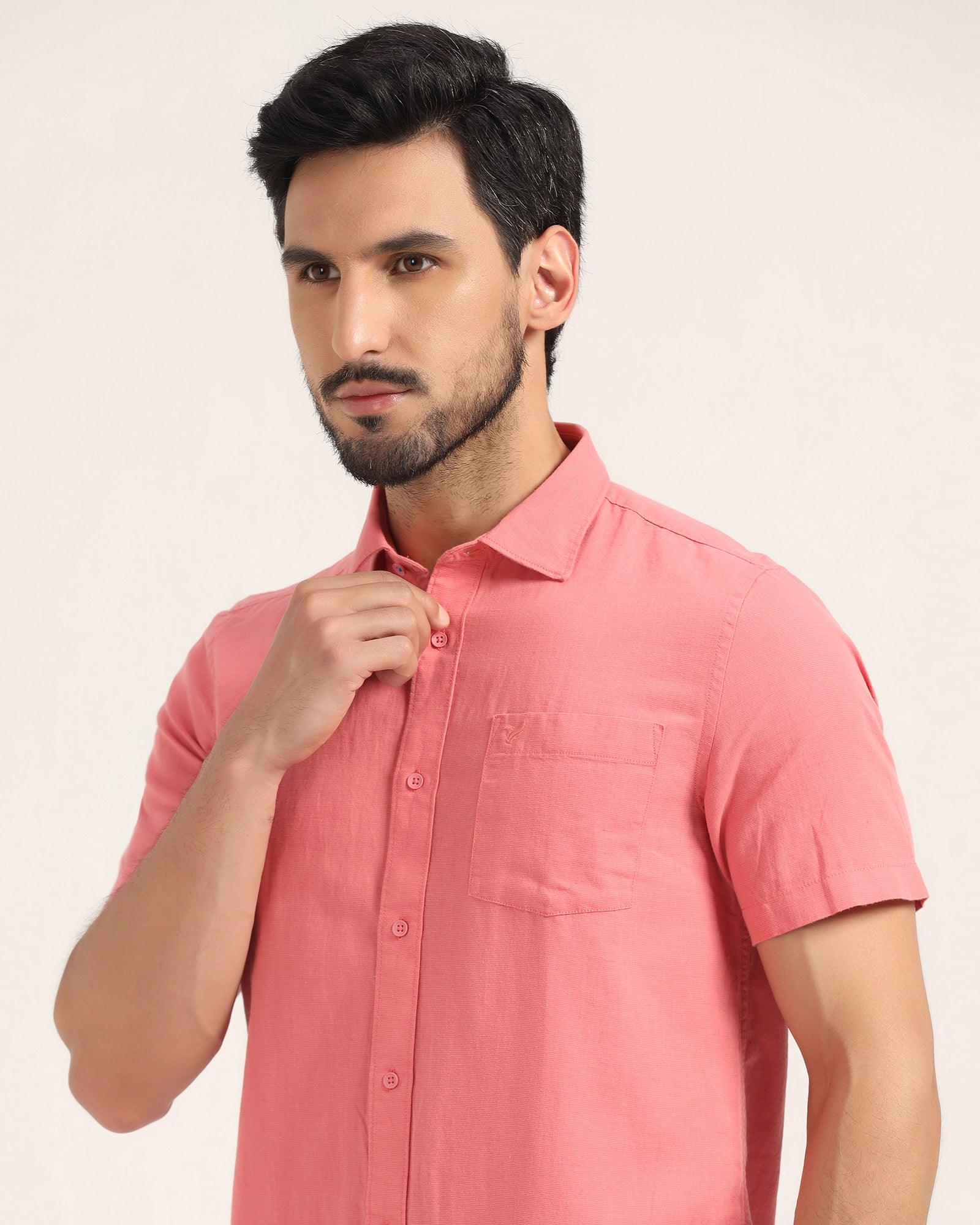 Linen Formal Half Sleeve Peach Solid Shirt - Lang - Blackberrys