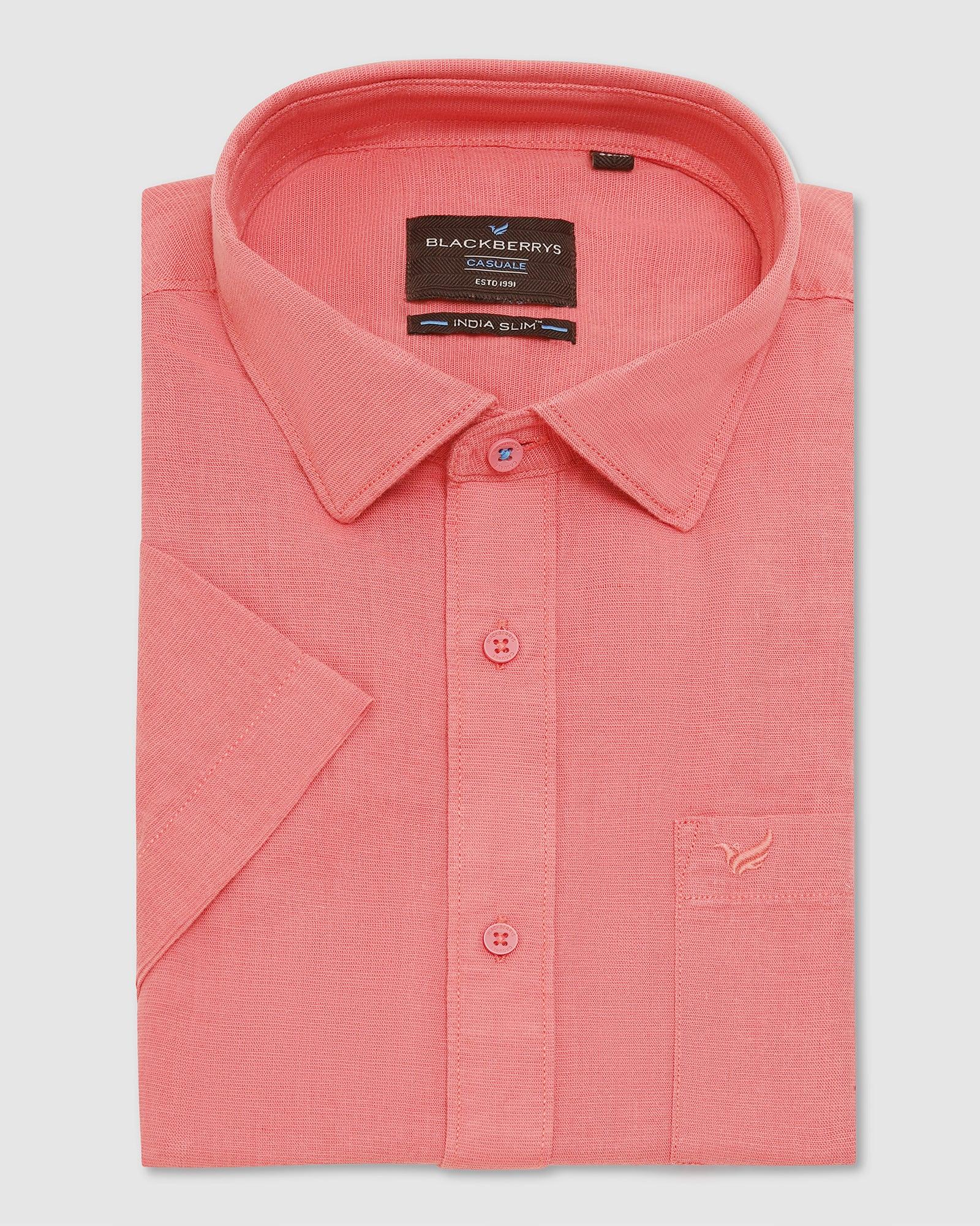 Linen Formal Half Sleeve Peach Solid Shirt - Lang - Blackberrys