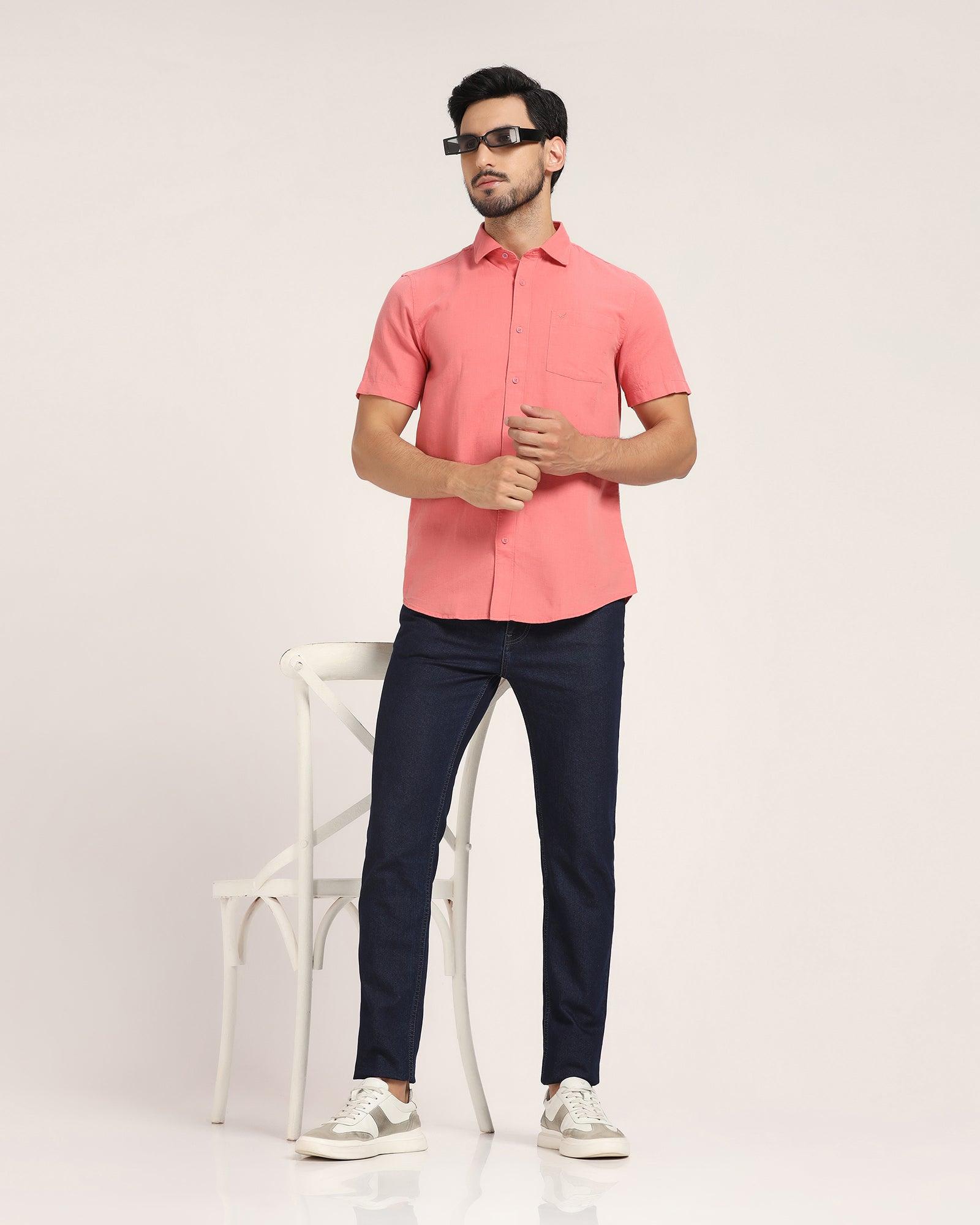 Linen Formal Half Sleeve Peach Solid Shirt - Lang - Blackberrys