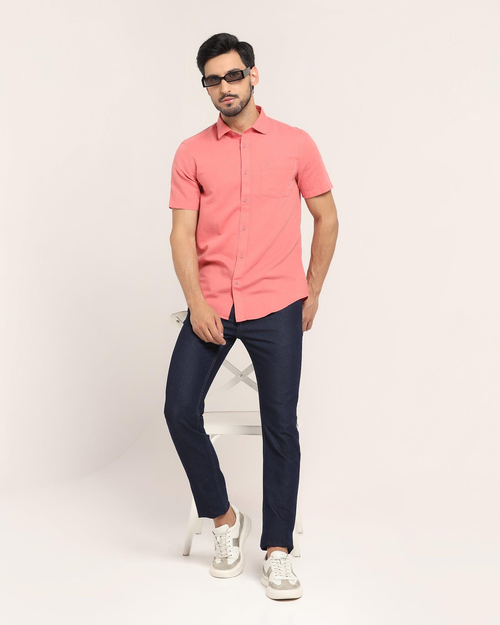 Linen Formal Half Sleeve Peach Solid Shirt - Lang - Blackberrys