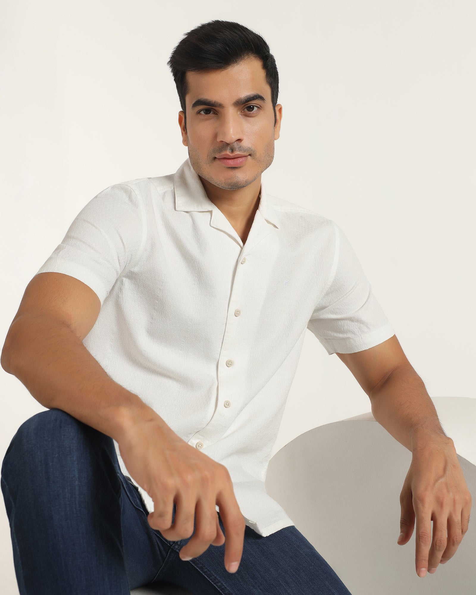 Casual Half Sleeve White Textured Shirt - Elister