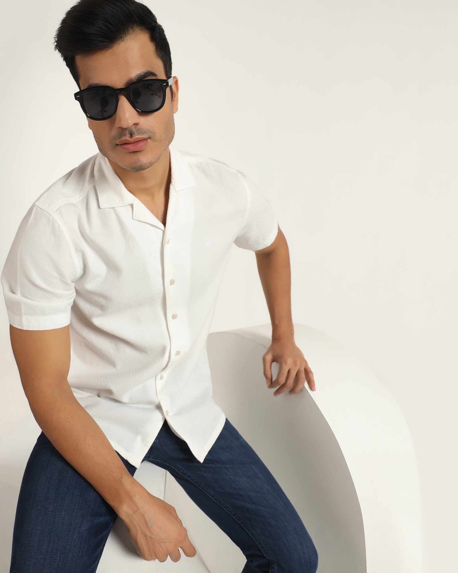 Casual Half Sleeve White Textured Shirt - Elister