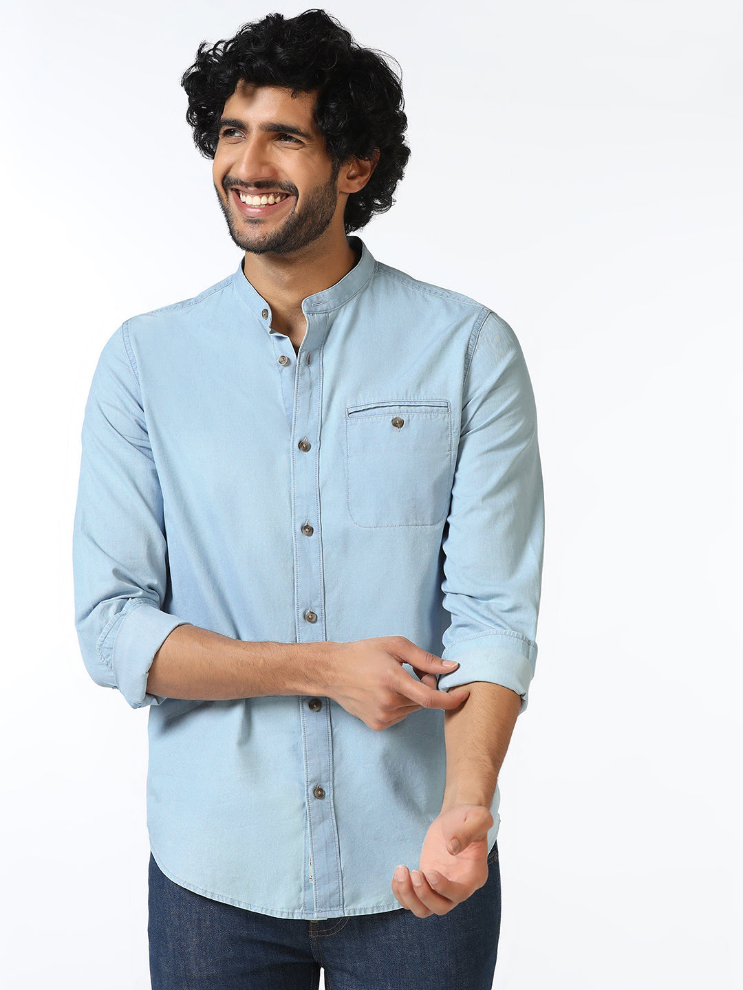 Indigo Mandarin Collar Solid Shirt - Zion