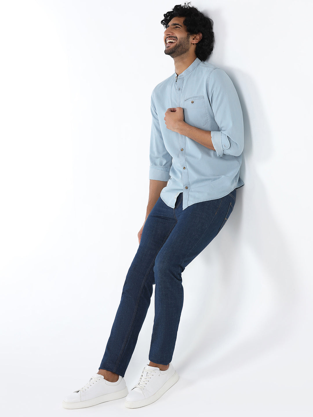 Indigo Mandarin Collar Solid Shirt - Zion