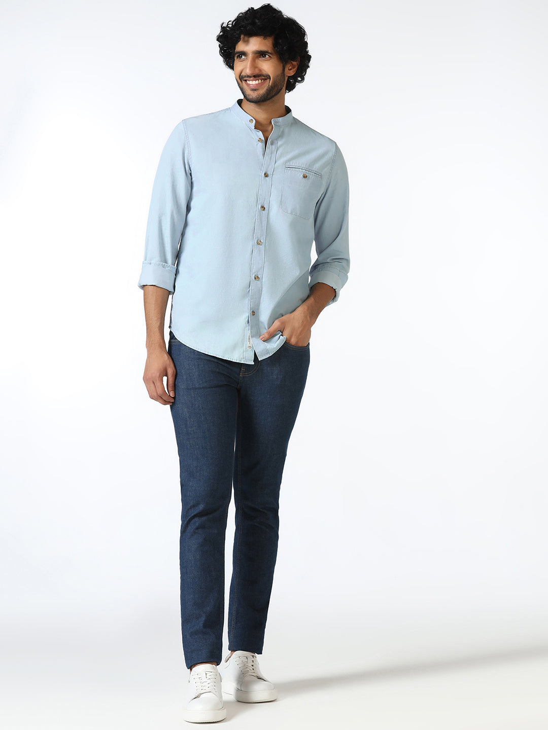 Indigo Mandarin Collar Solid Shirt - Zion