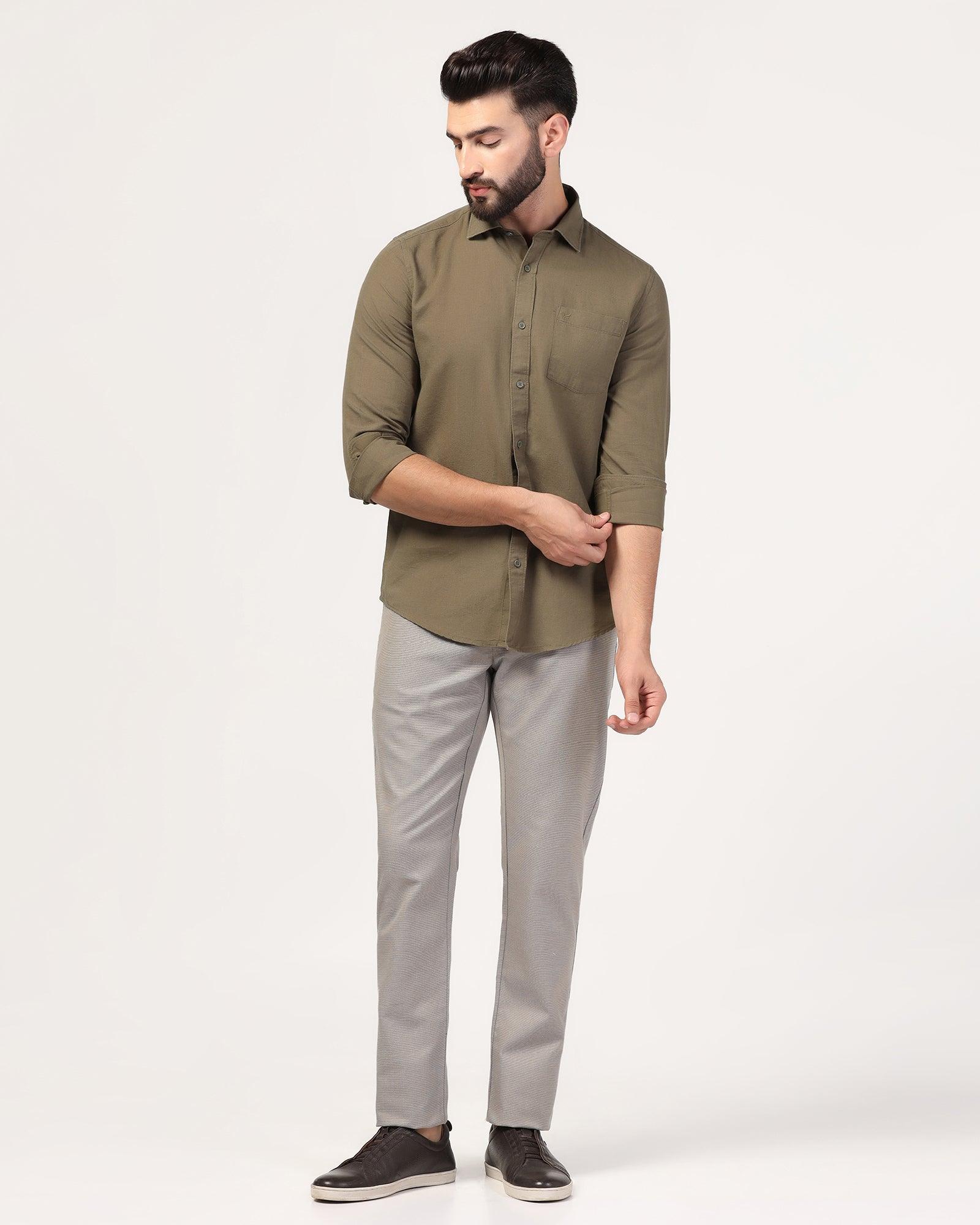 Casual Olive Solid Shirt - Lang - Blackberrys