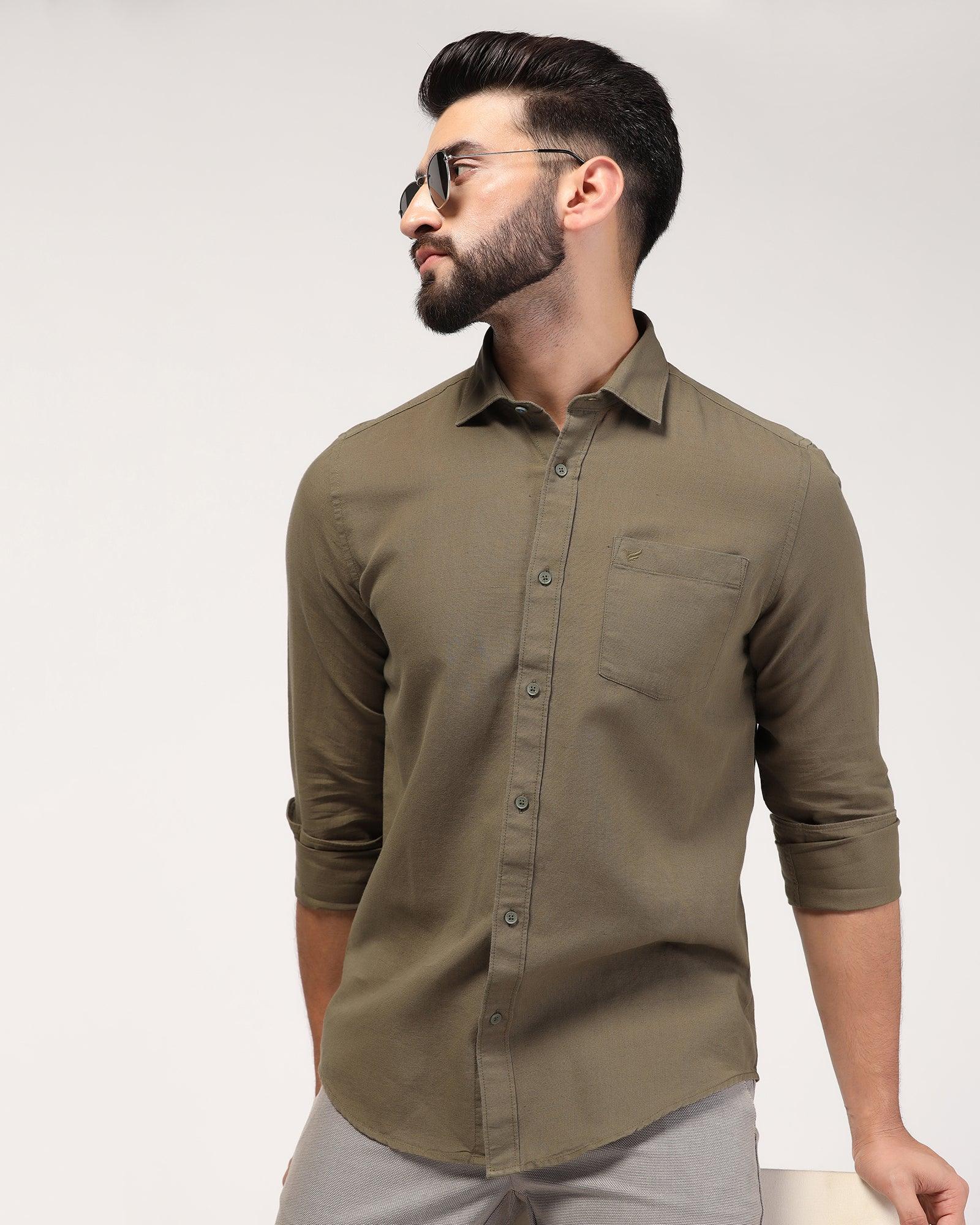 Casual Olive Solid Shirt - Lang - Blackberrys