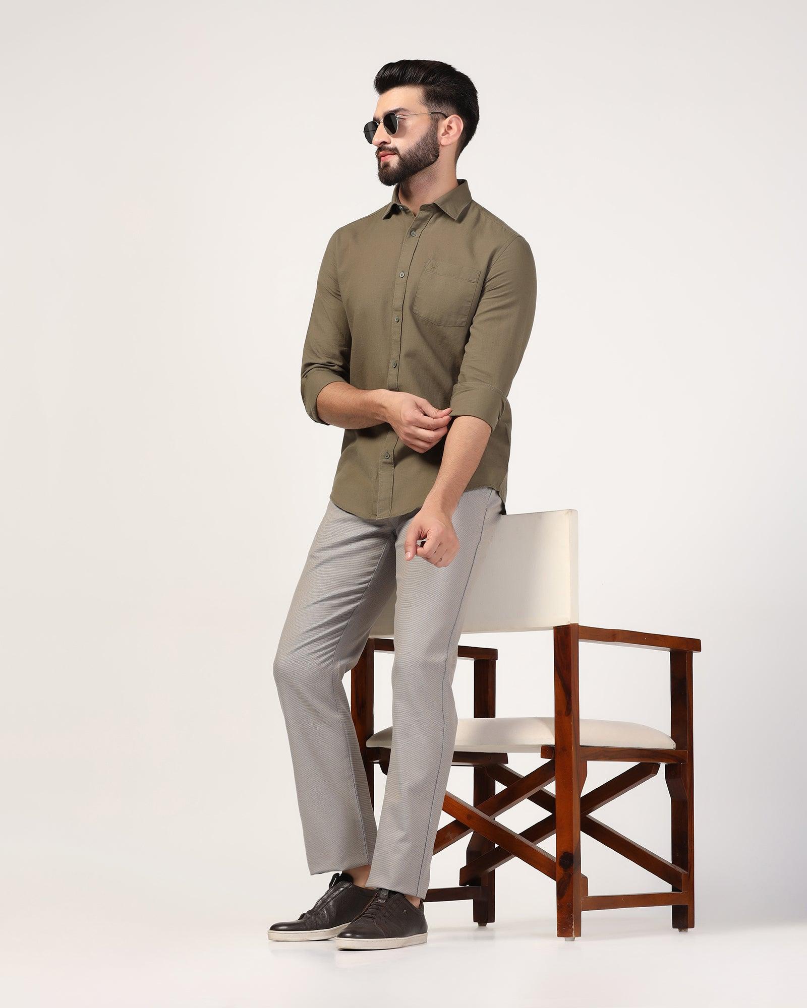 Casual Olive Solid Shirt - Lang - Blackberrys
