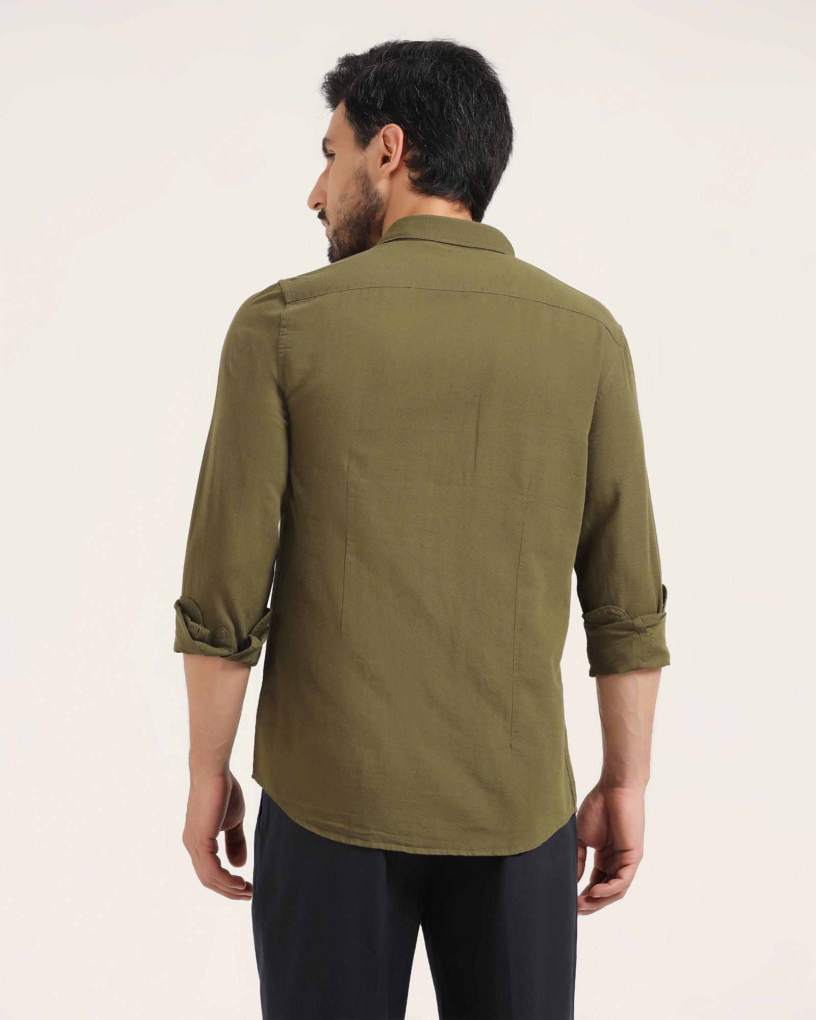 Linen Casual Olive Solid Shirt - Lang - Blackberrys