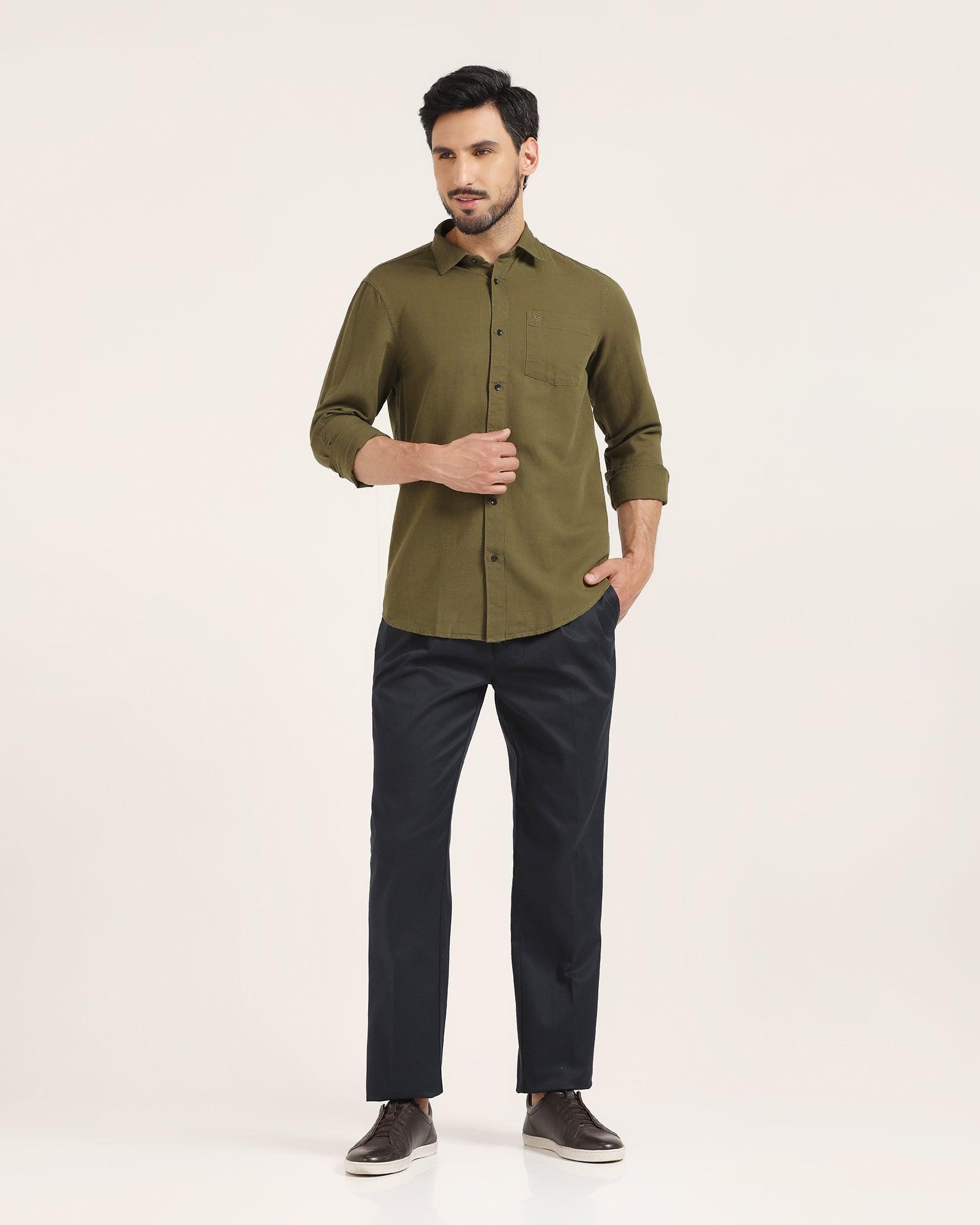 Linen Casual Olive Solid Shirt - Lang - Blackberrys