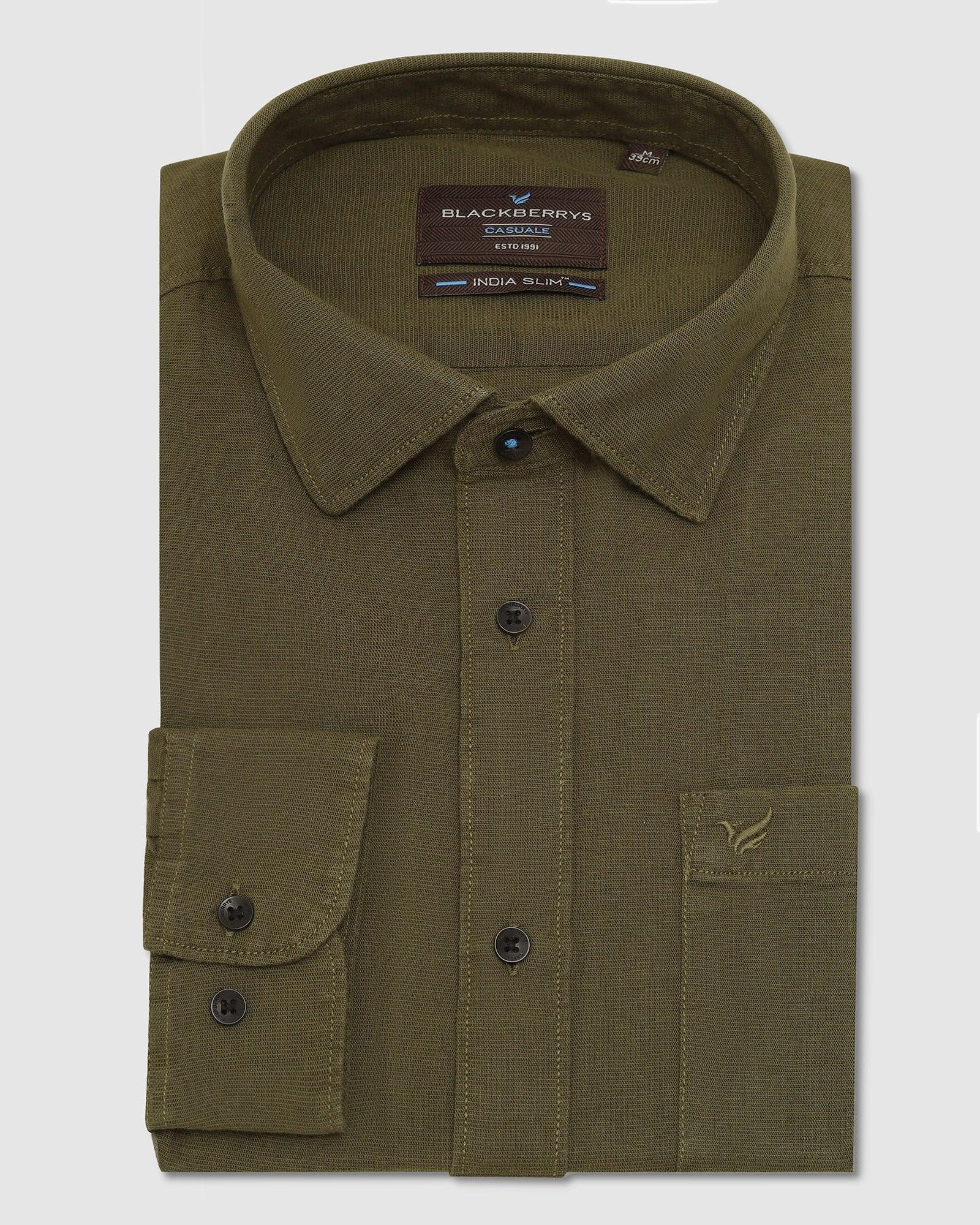 Linen Casual Olive Solid Shirt - Lang - Blackberrys