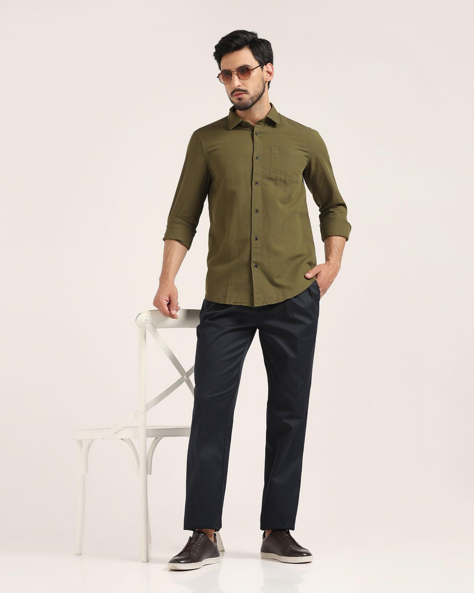 Linen Casual Olive Solid Shirt - Lang - Blackberrys