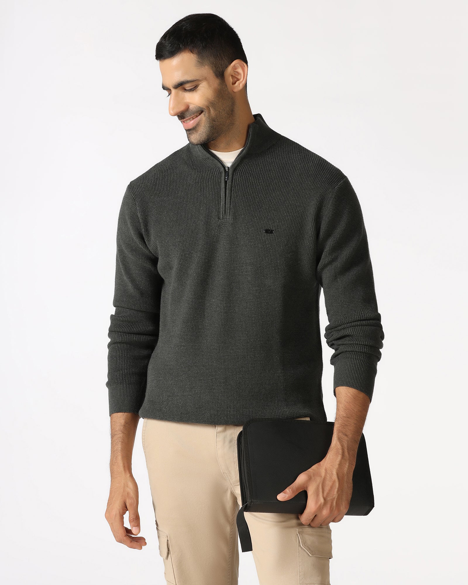 Charcoal High Neck Jacquard Sweatshirt - Price