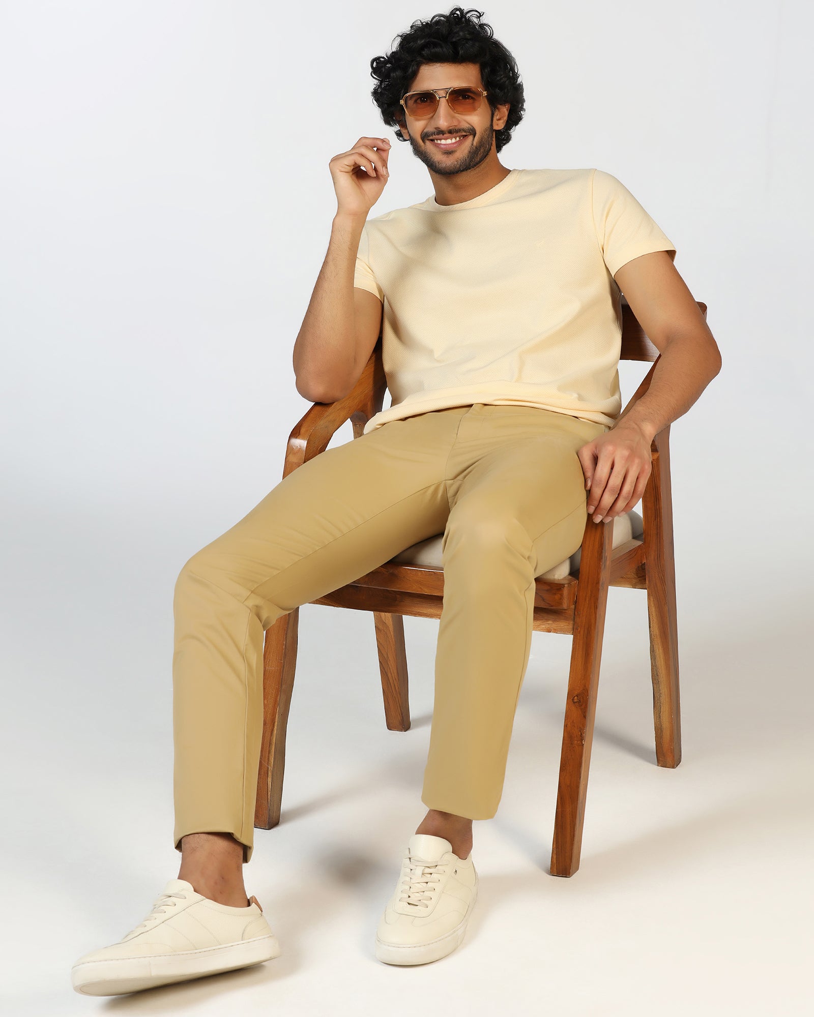 Cream Crew Neck Textured T-Shirt - Hexa