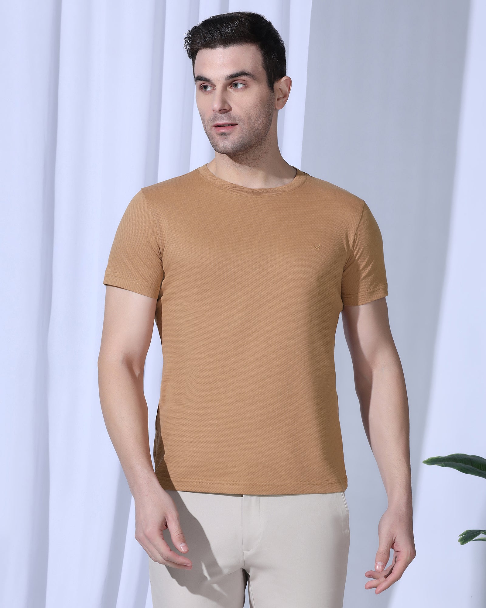 Crew Neck Brown Tan Textured T-Shirt - Corn