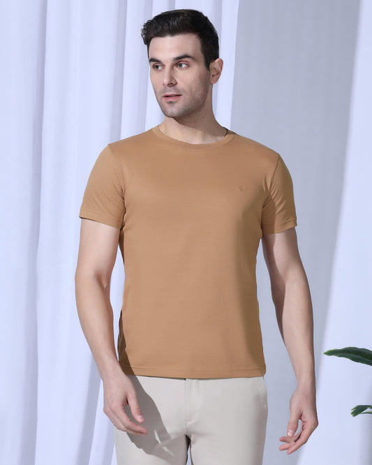 Crew Neck Brown Tan Textured T-Shirt - Corn