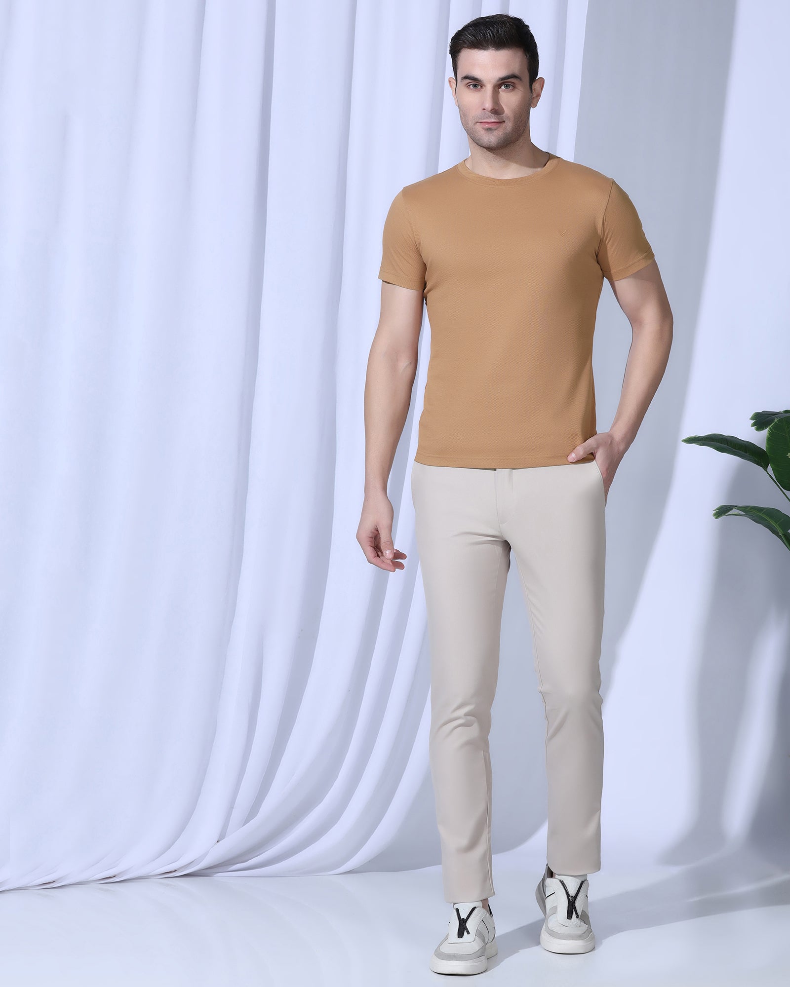 Crew Neck Brown Tan Textured T-Shirt - Corn