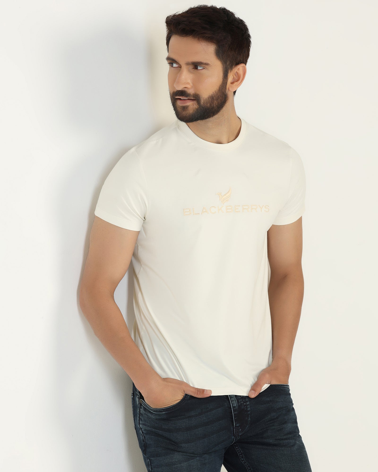 Crew Neck Off White Solid T-Shirt - Phoenix