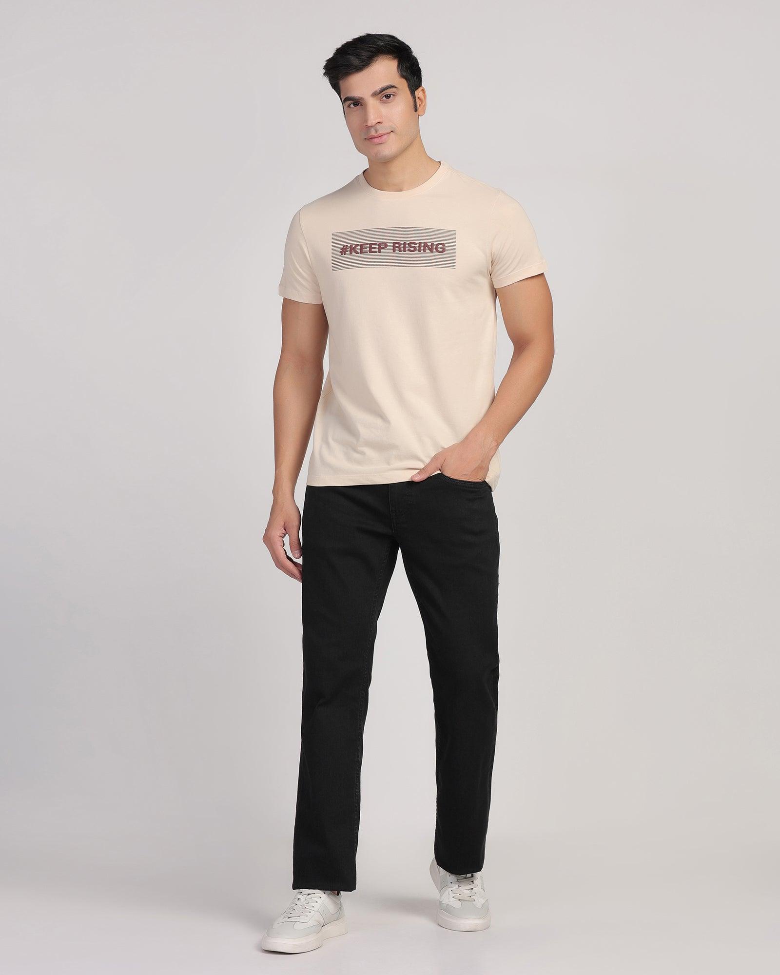 Crew Neck Beige Printed T-Shirt - Bouque - Blackberrys