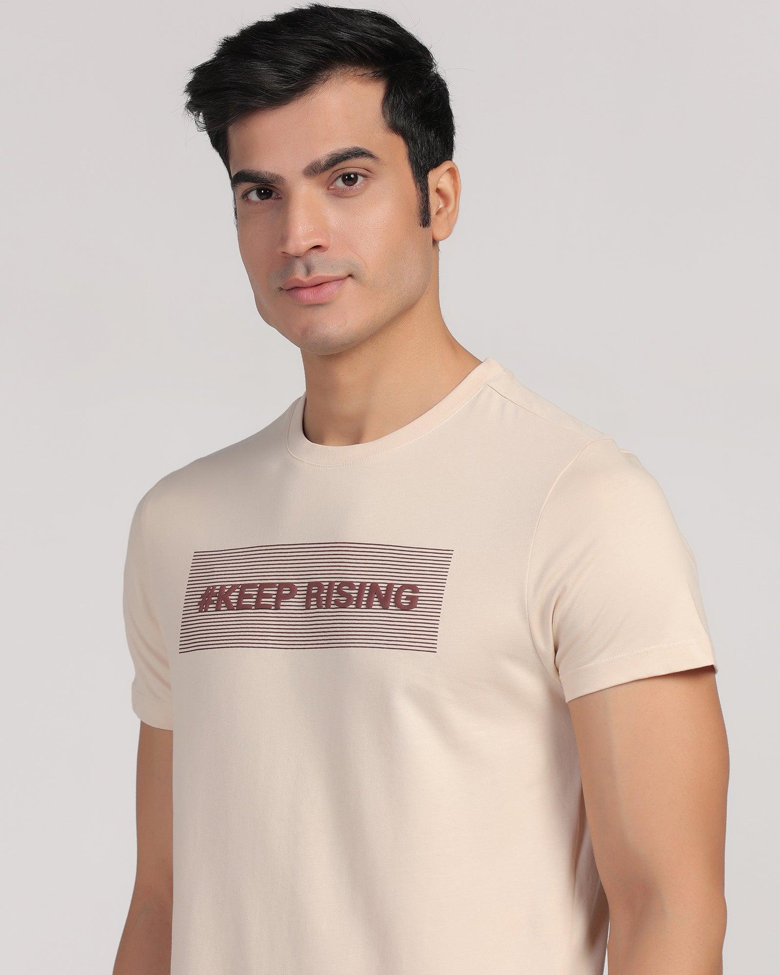 Crew Neck Beige Printed T-Shirt - Bouque - Blackberrys