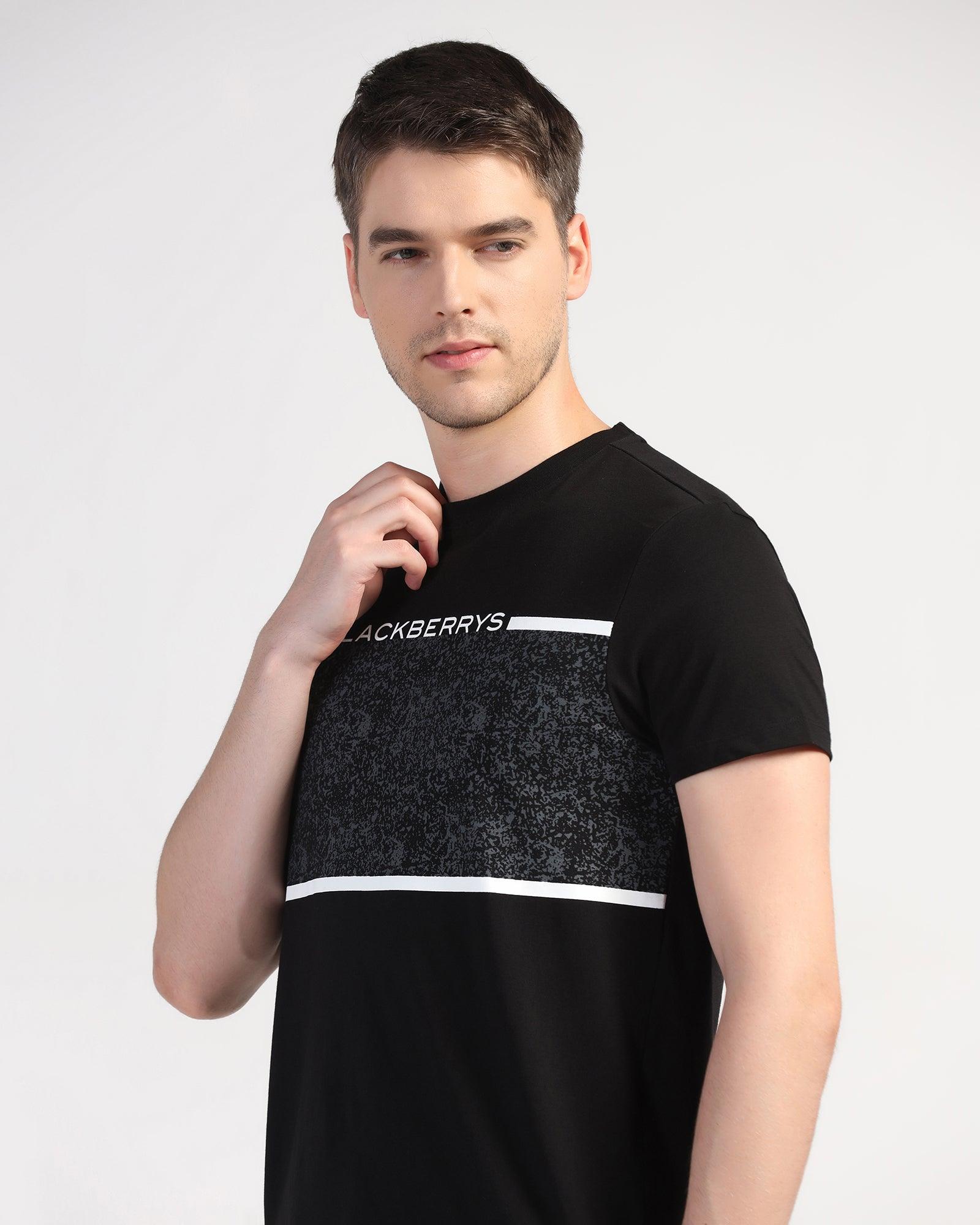 Crew Neck Black Printed T-Shirt - Peak - Blackberrys