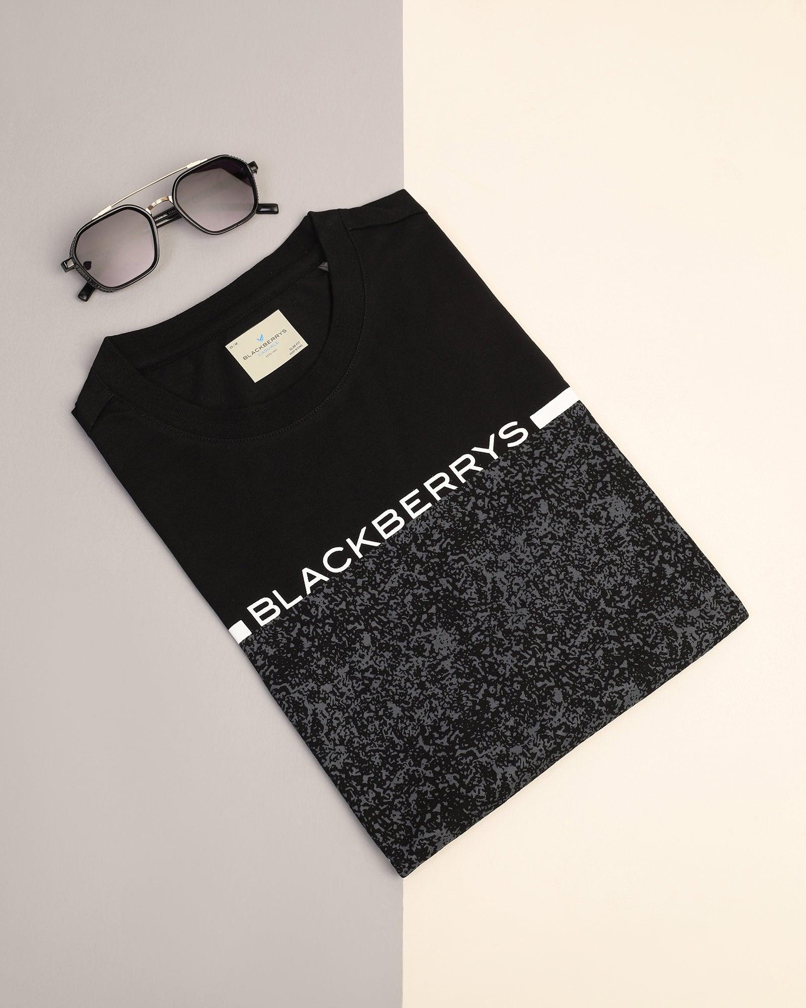 Crew Neck Black Printed T-Shirt - Peak - Blackberrys