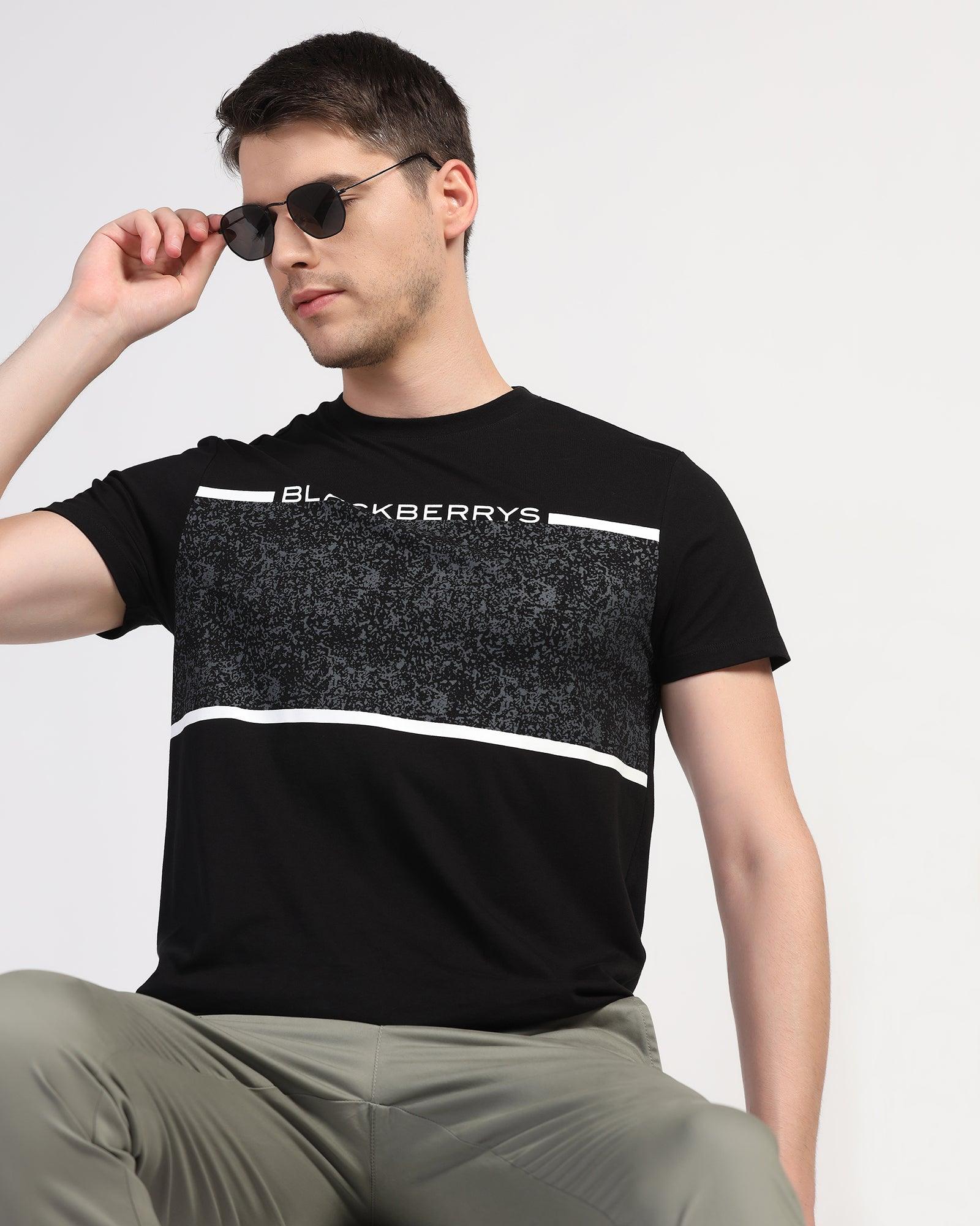 Crew Neck Black Printed T-Shirt - Peak - Blackberrys