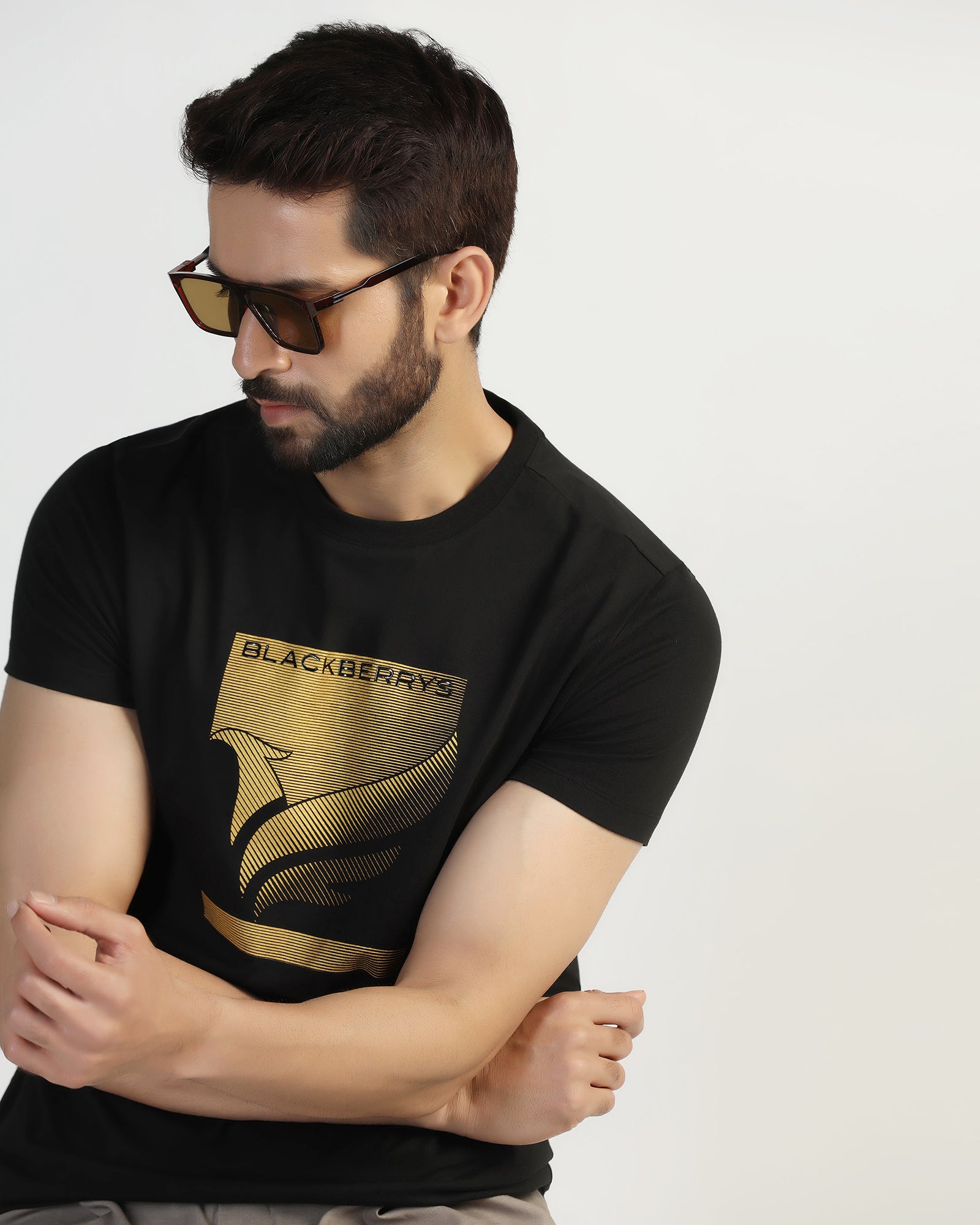 Crew Neck Black Printed T-Shirt - Pilot