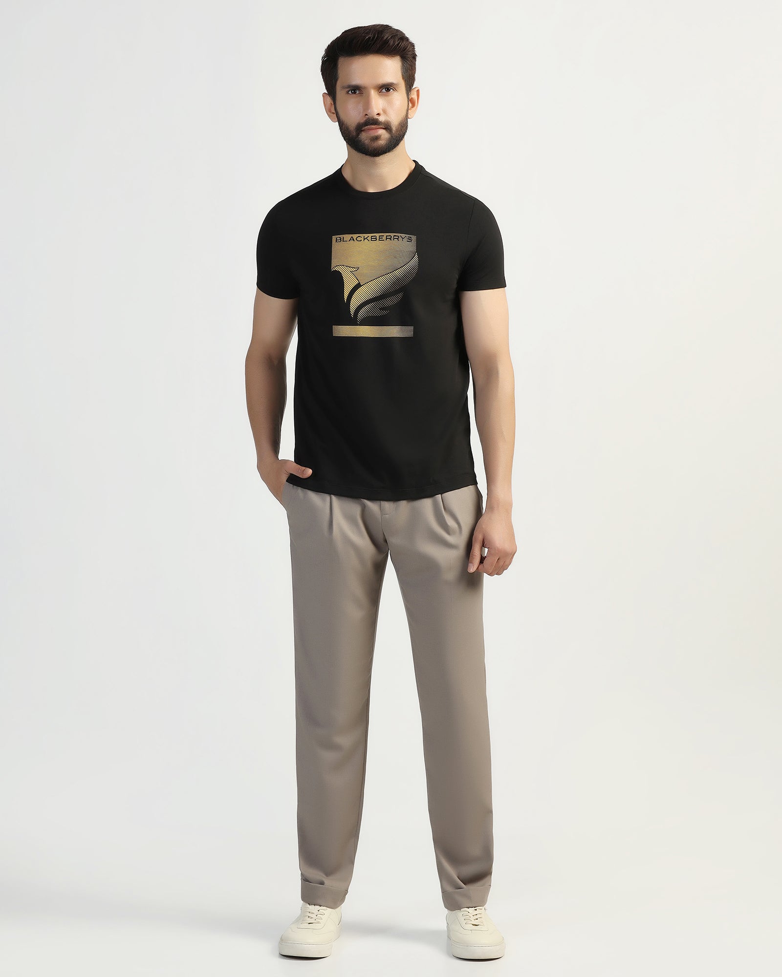 Crew Neck Black Printed T-Shirt - Pilot