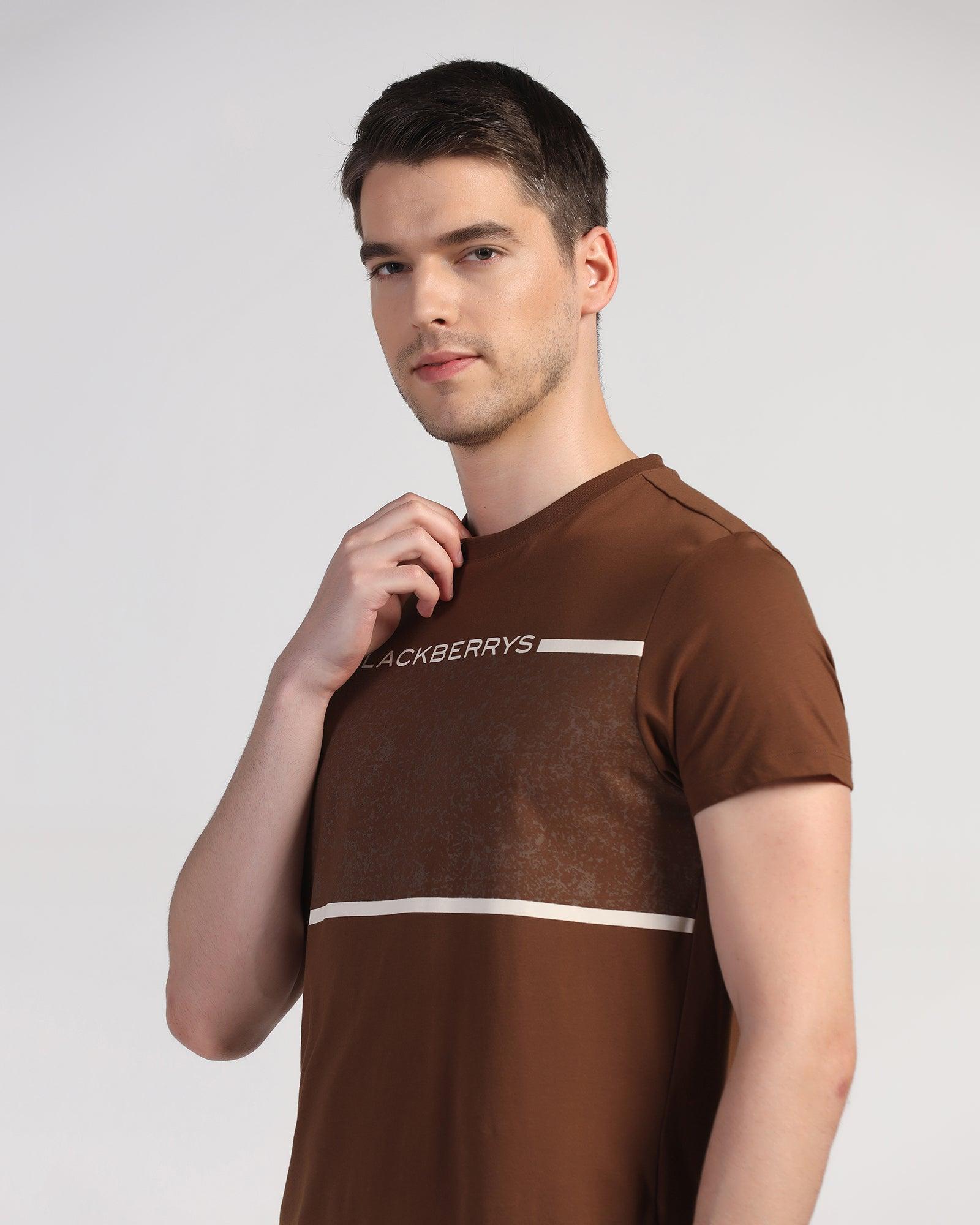 Crew Neck Brown Printed T-Shirt - Peak - Blackberrys