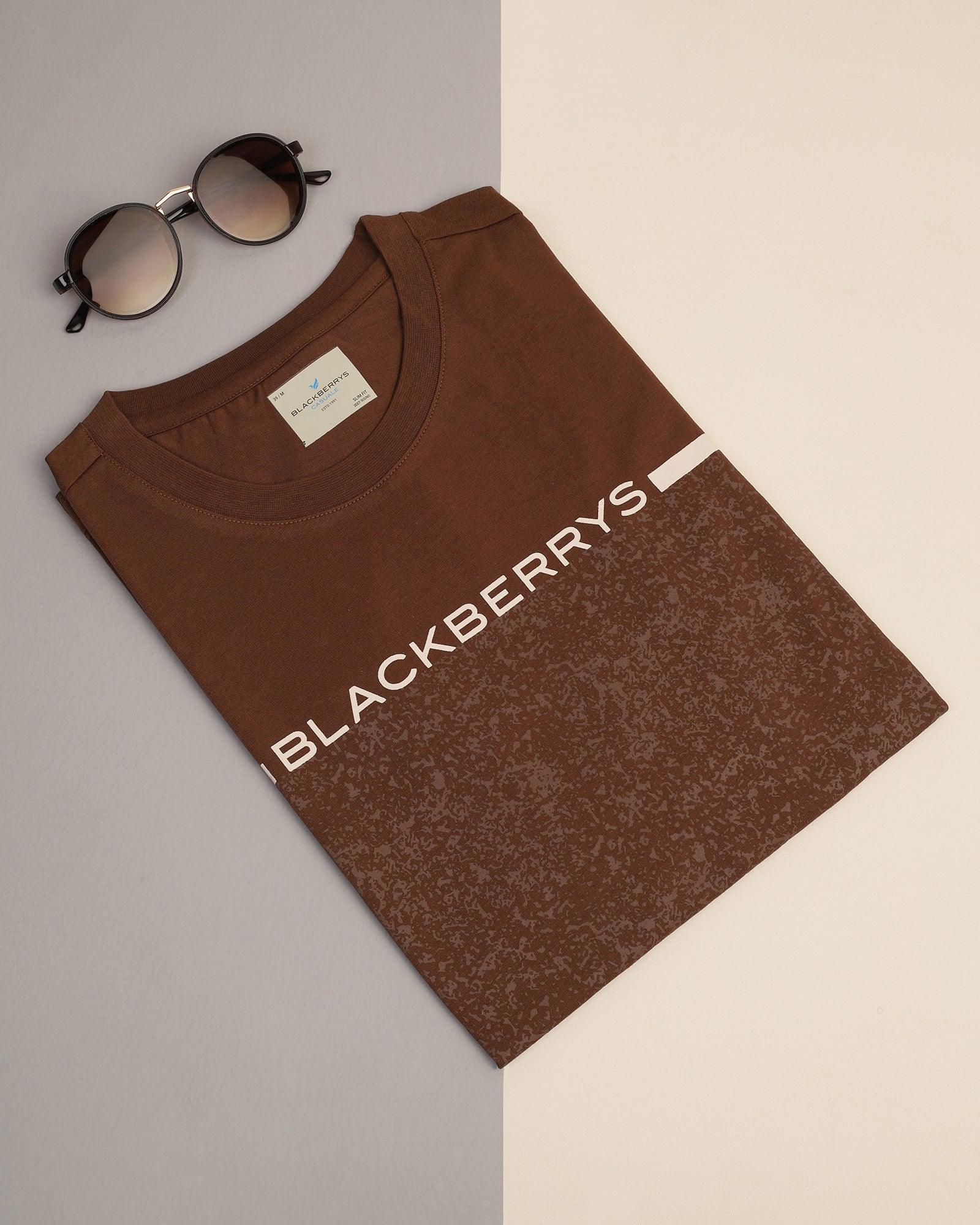 Crew Neck Brown Printed T-Shirt - Peak - Blackberrys