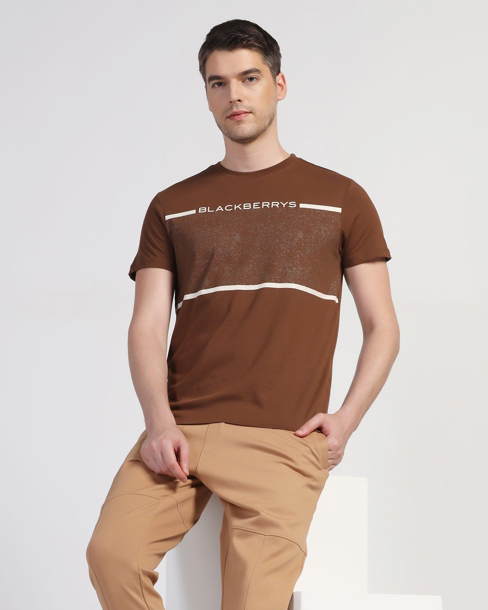 Crew Neck Brown Printed T-Shirt - Peak - Blackberrys