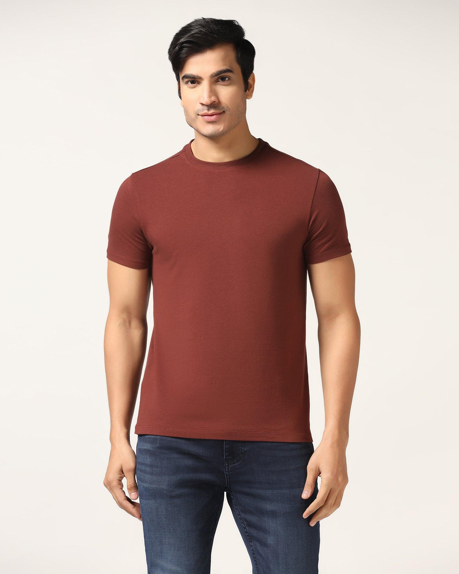 Crew Neck Brown Solid T-Shirt - Kai - Blackberrys