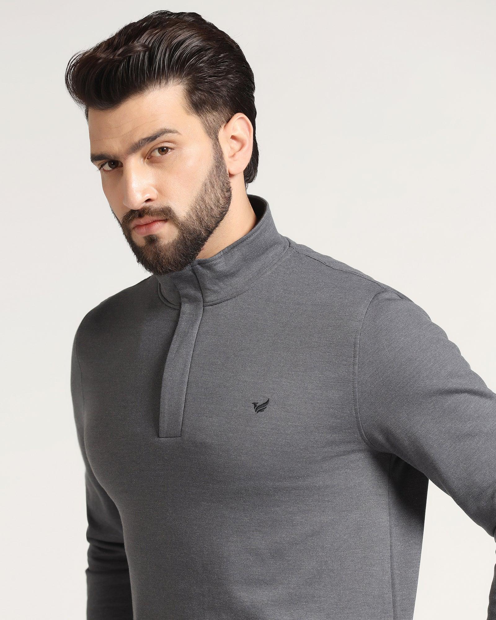 High Neck Grey Melange Solid Sweatshirt - Pipper - Blackberrys