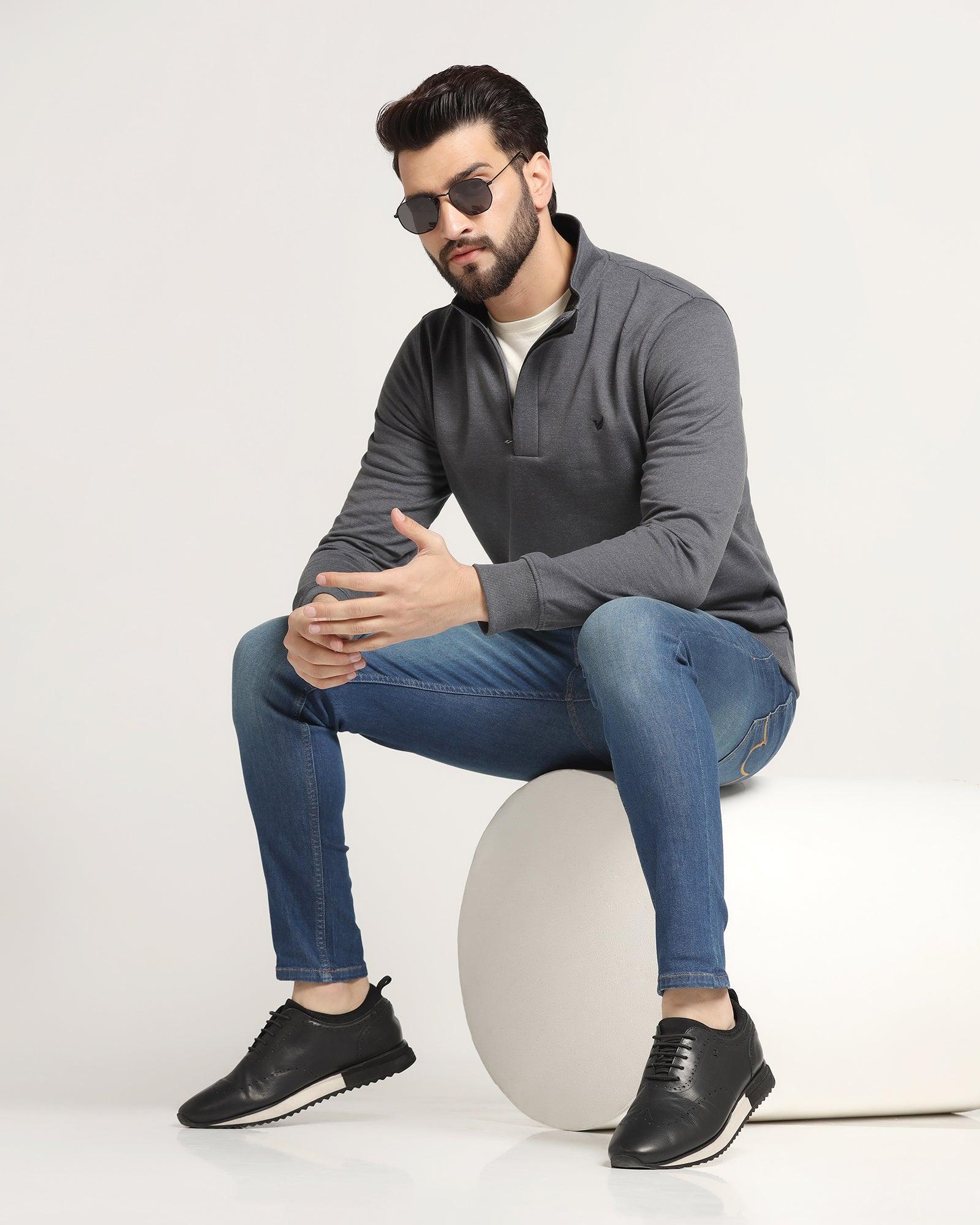 High Neck Grey Melange Solid Sweatshirt - Pipper - Blackberrys