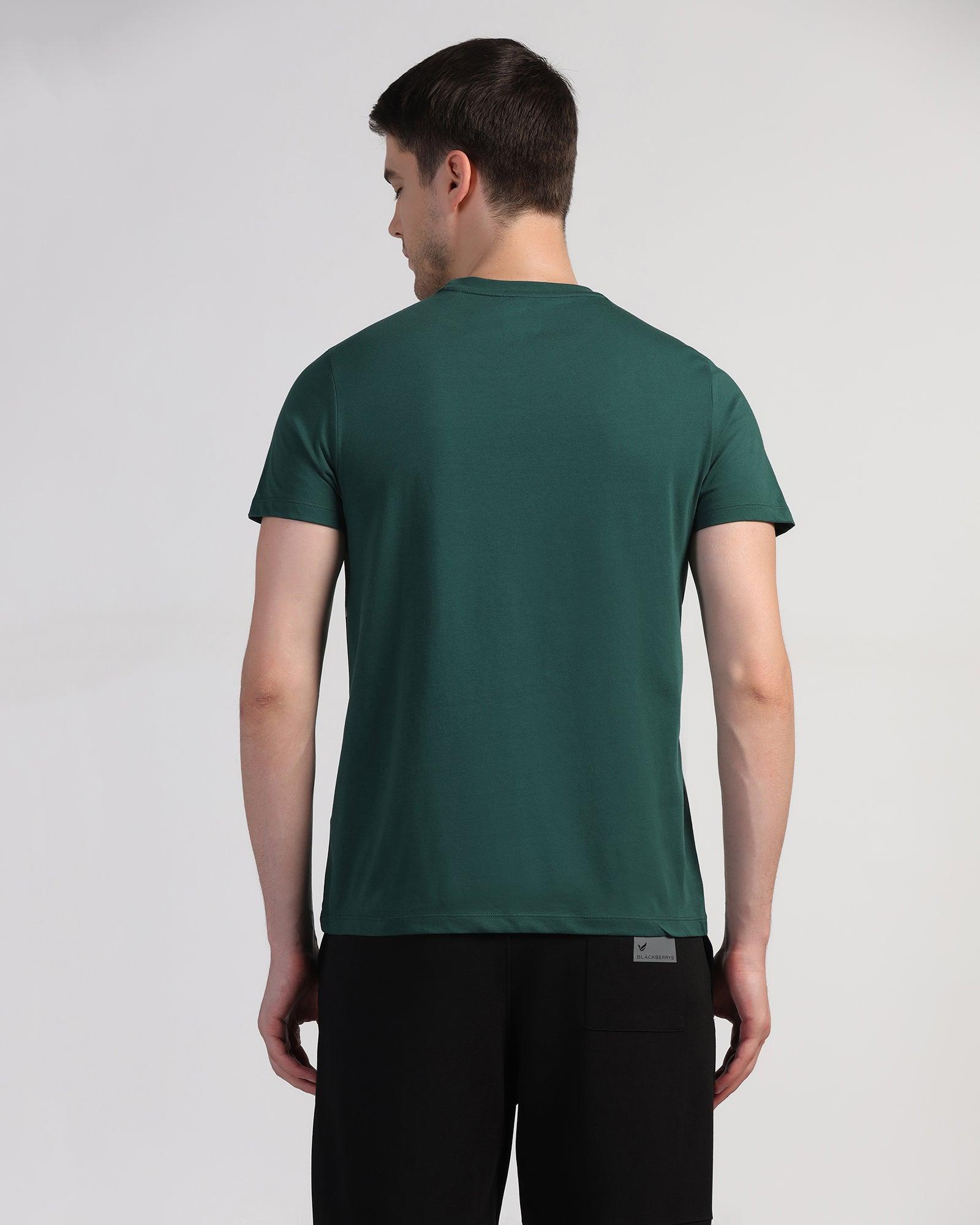 Crew Neck Hunter Green Printed T-Shirt - Peak - Blackberrys