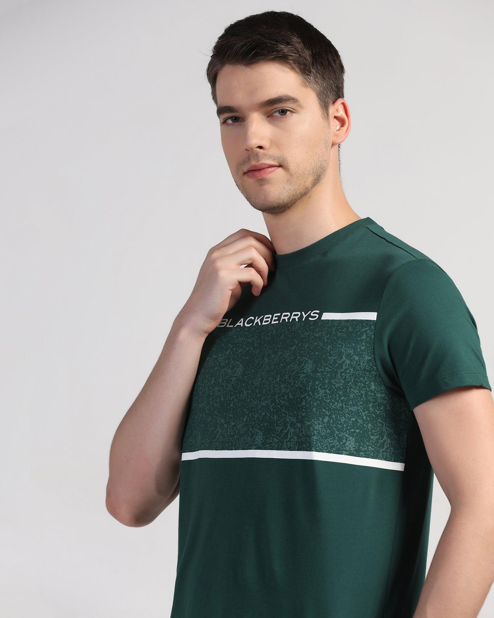 Crew Neck Hunter Green Printed T-Shirt - Peak - Blackberrys