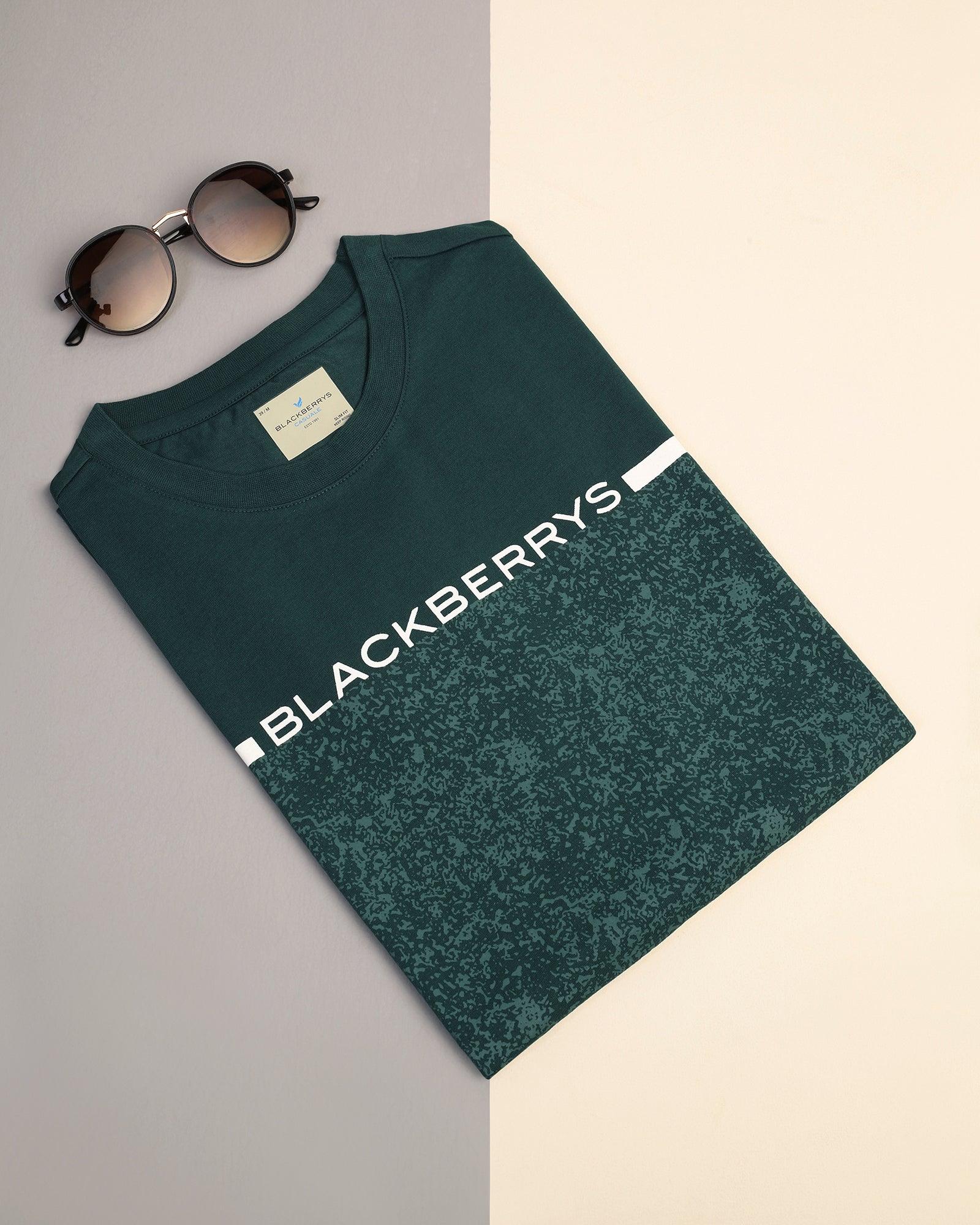 Crew Neck Hunter Green Printed T-Shirt - Peak - Blackberrys