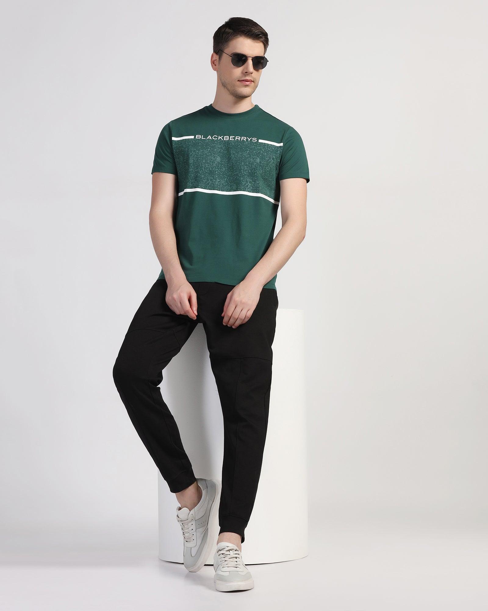 Crew Neck Hunter Green Printed T-Shirt - Peak - Blackberrys