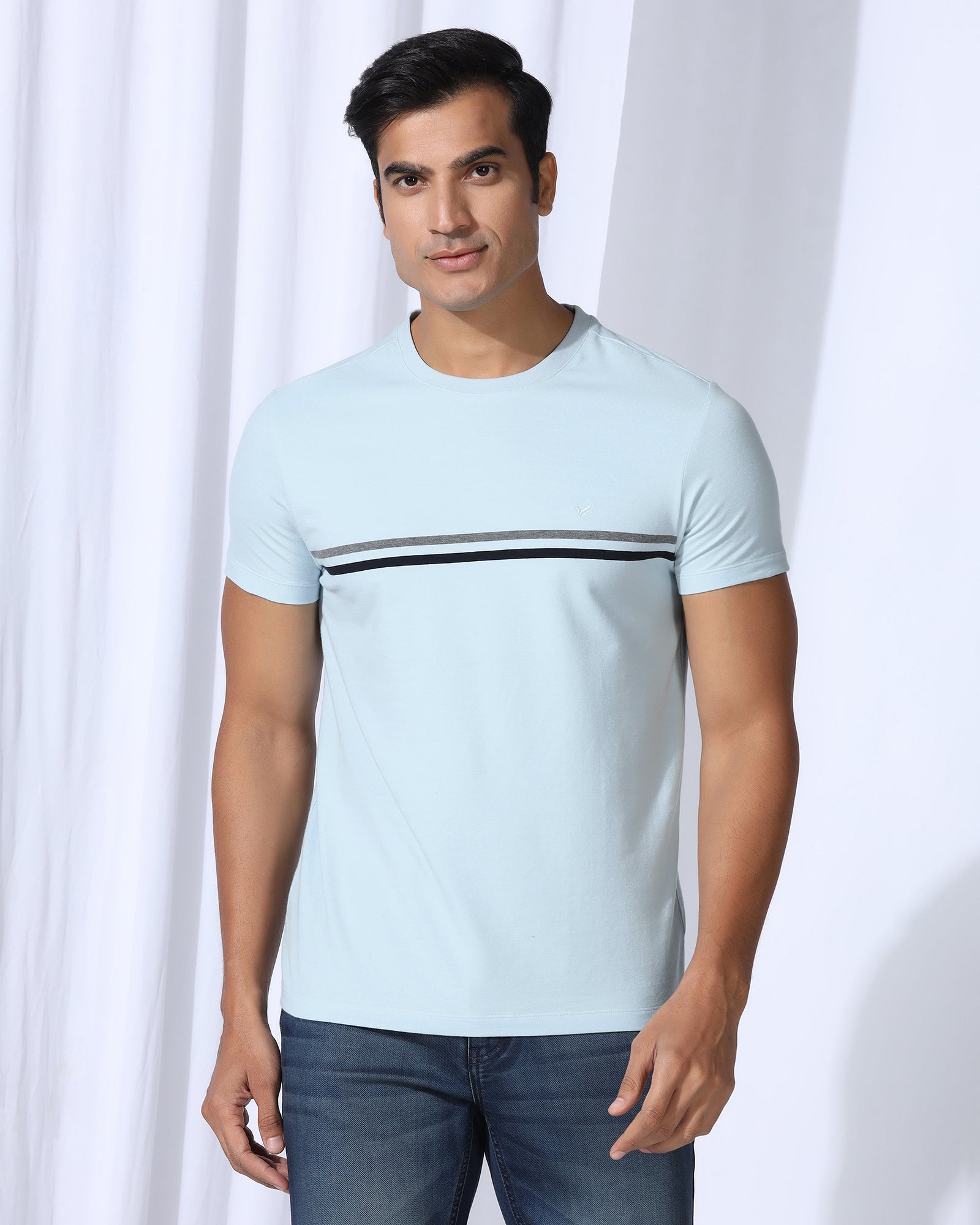 Crew Neck Light Blue Stripe T-Shirt - Lincoln