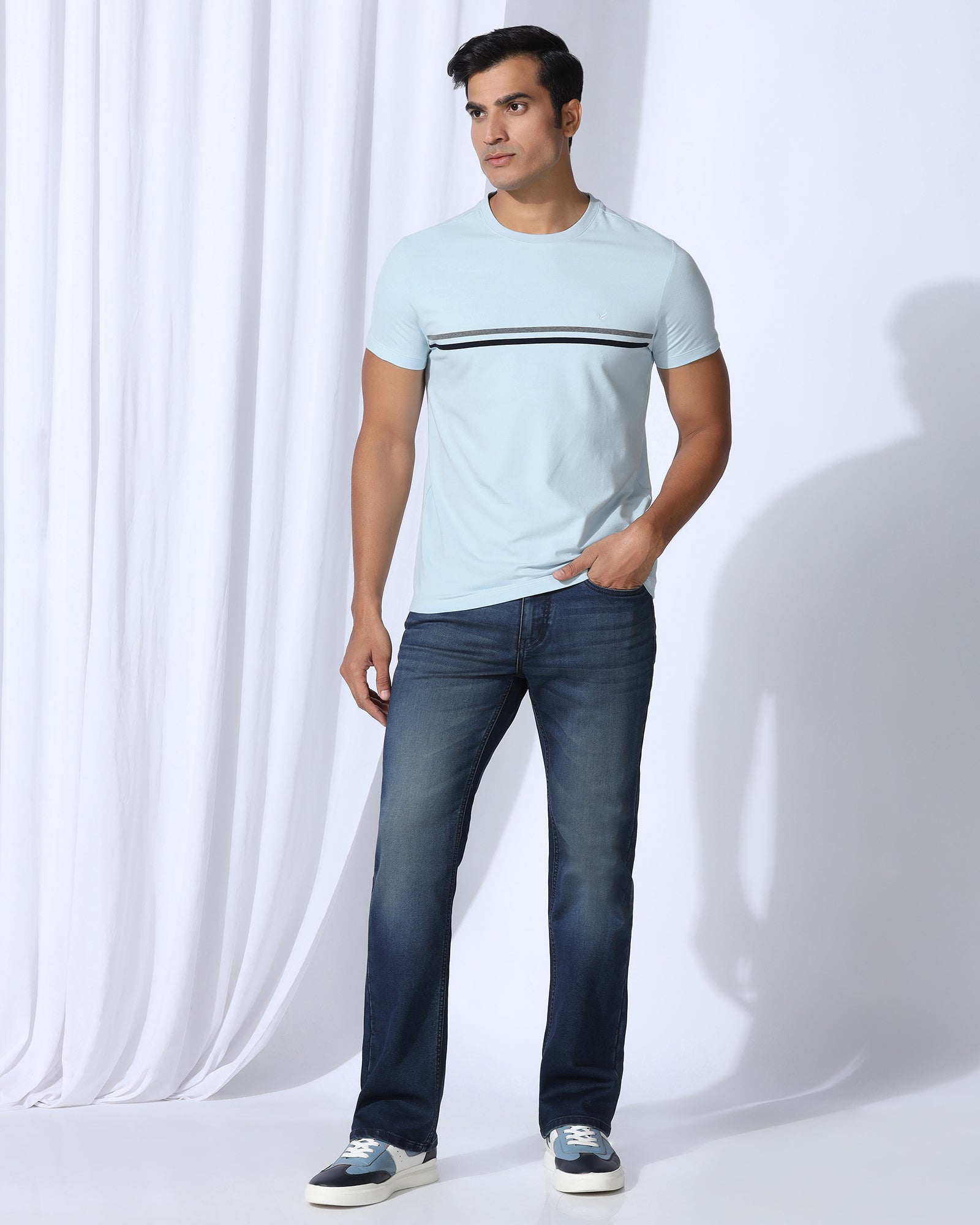 Crew Neck Light Blue Stripe T-Shirt - Lincoln