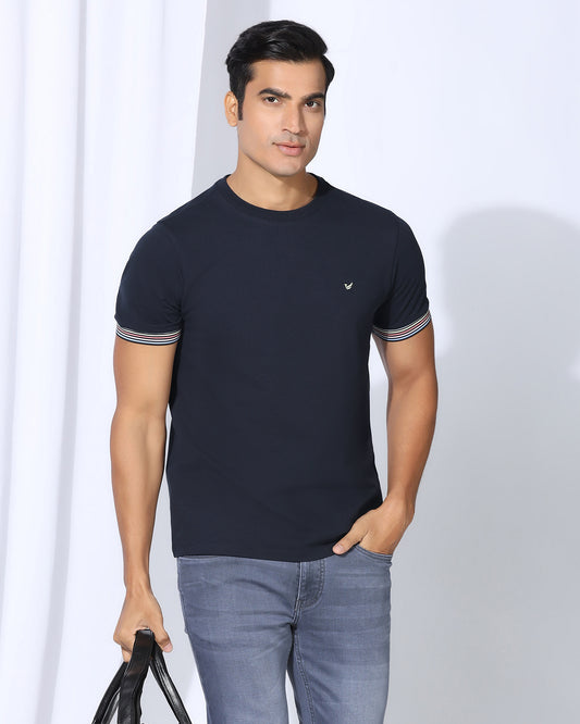 Crew Neck Navy Solid T-Shirt - Spectrum