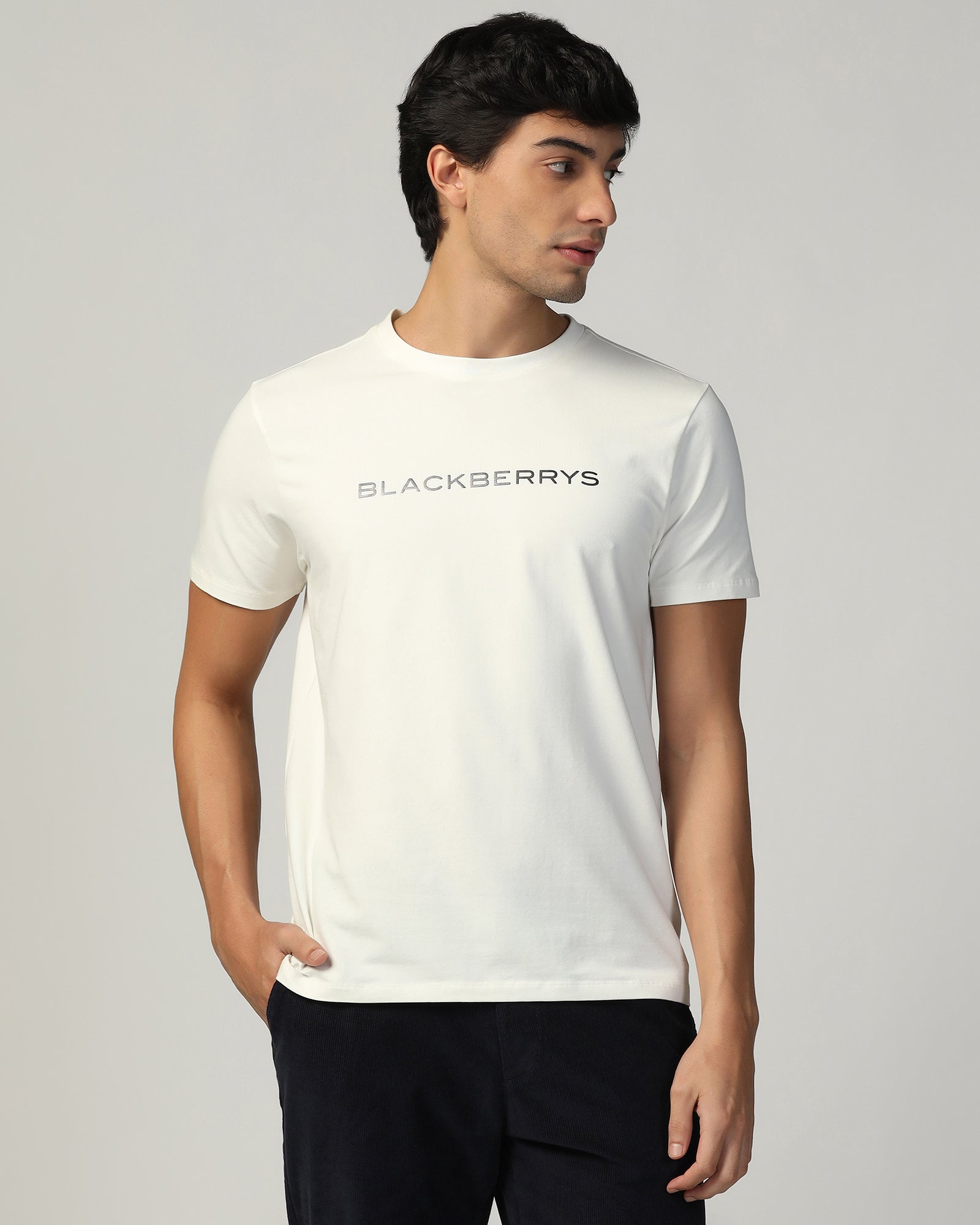 Crew Neck Off White Printed T-Shirt - Rumba