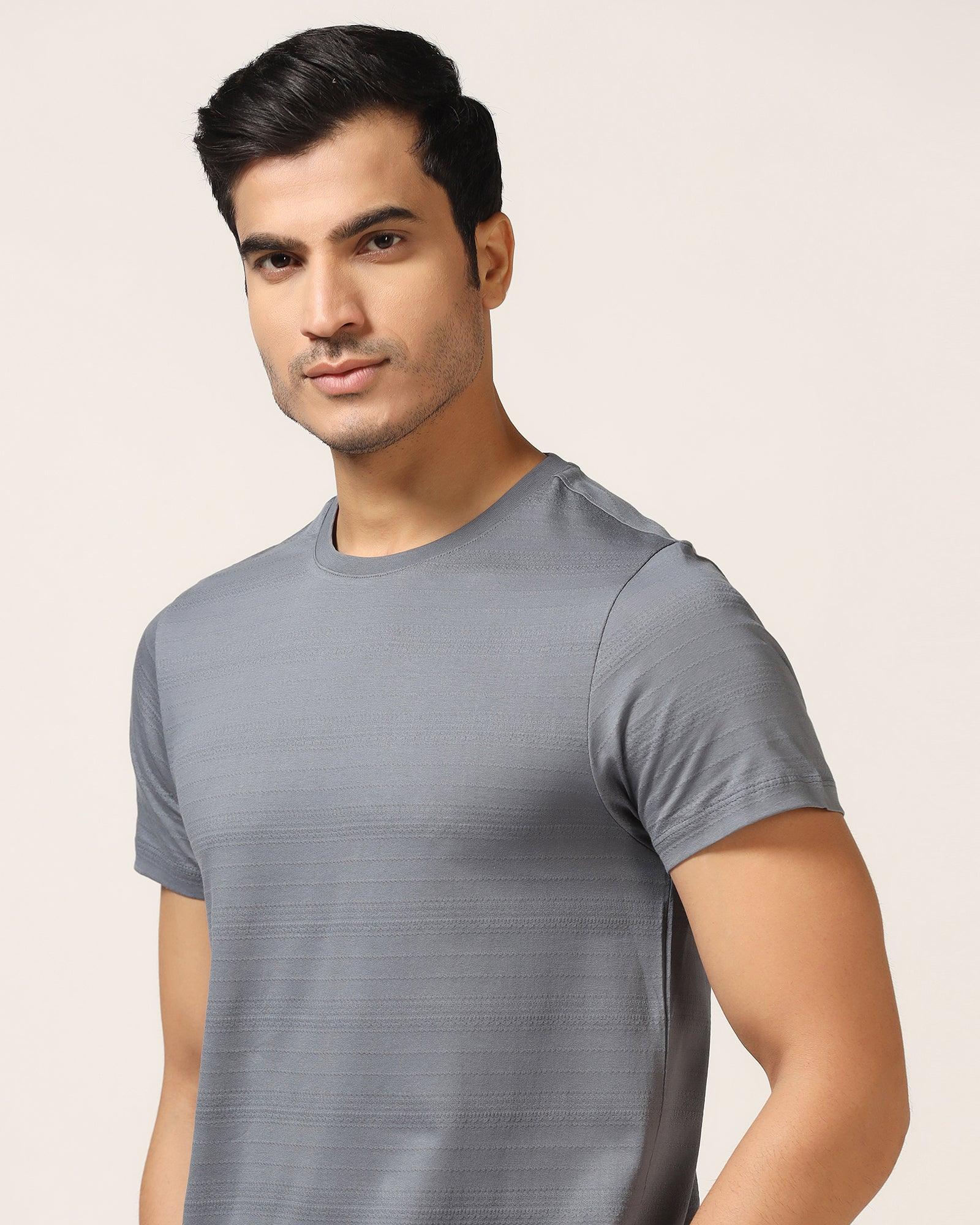 Crew Neck Powder Blue Textured T-Shirt - Velt - Blackberrys