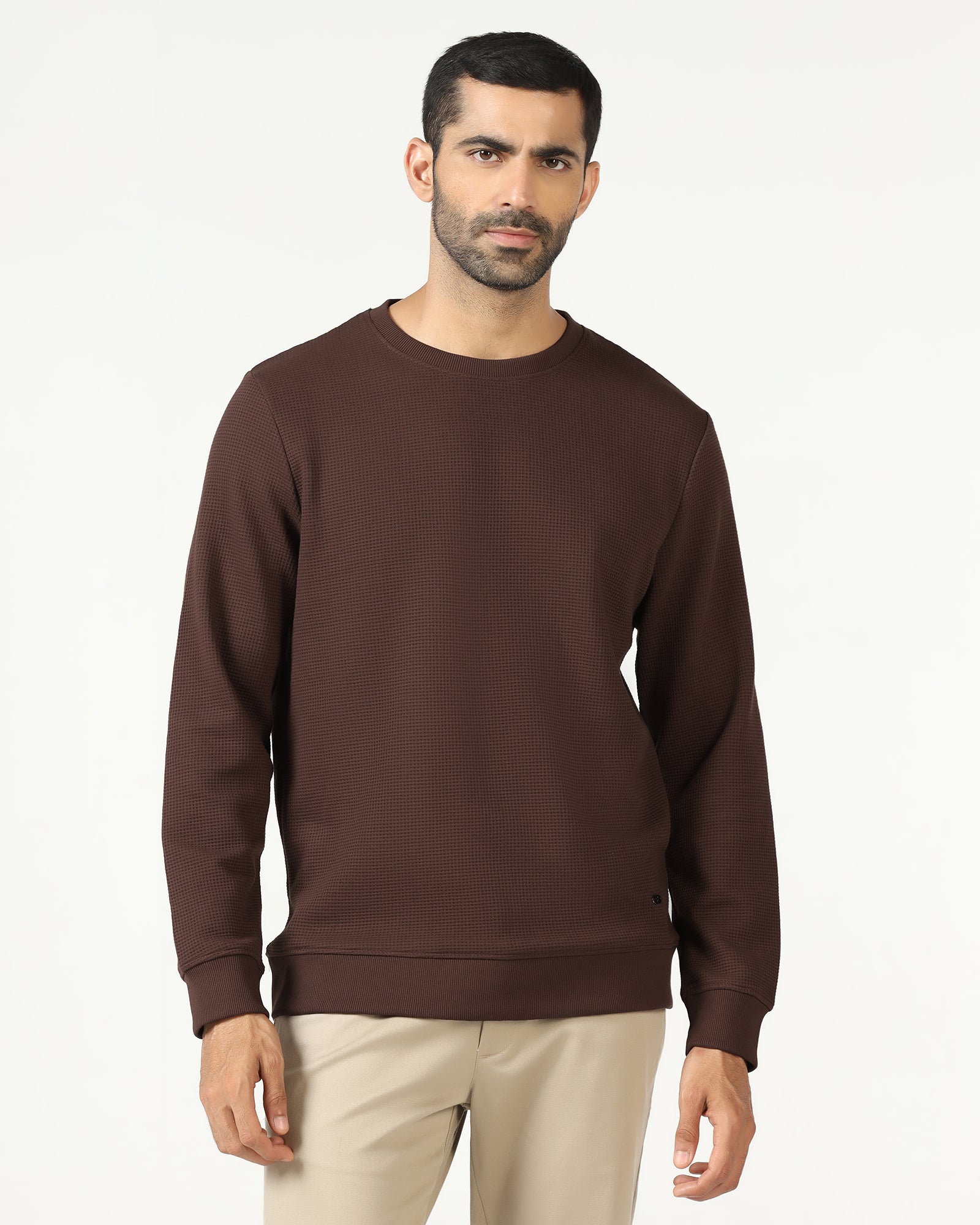 Dark Brown Crew Neck Textured Sweatshirt - Pan